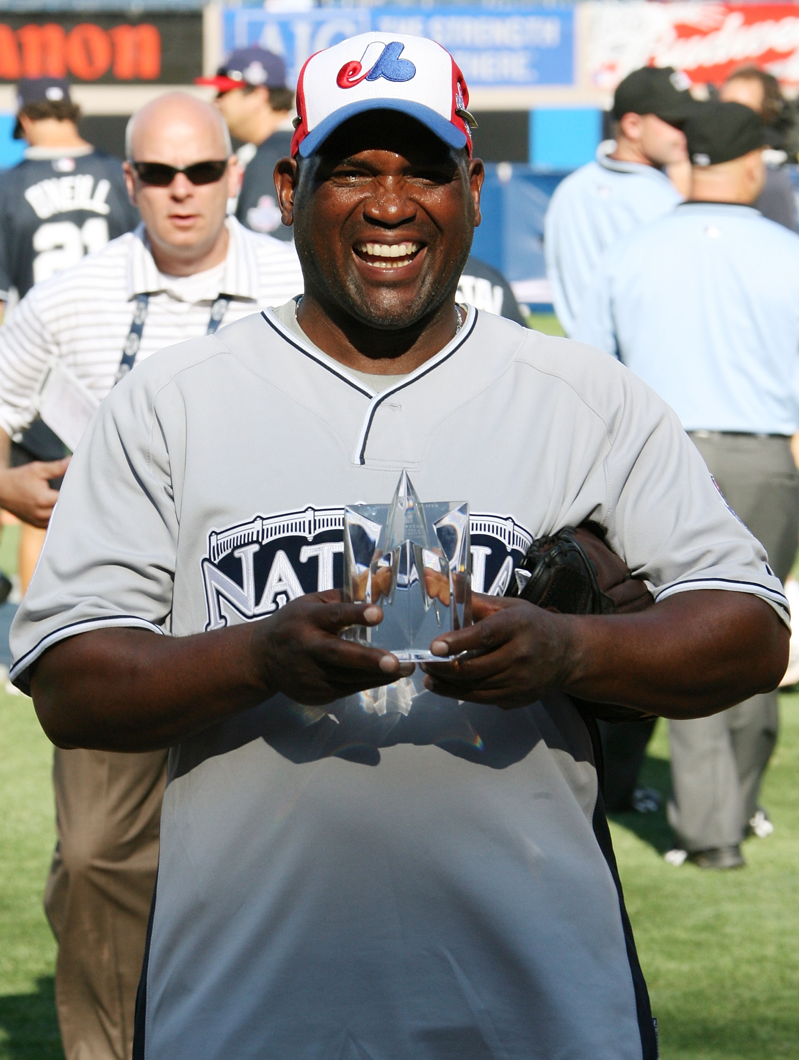 NEW YORK - JULY 13:  Tim Raines with his MVP trophy during the 2008 MLB All-Star Week Taco Bell All-Star Legends & Celebrity Softball Game at Yankee Stadium on July 13, 2008 in New York City.  (Photo by Bryan Bedder/Getty Images)
