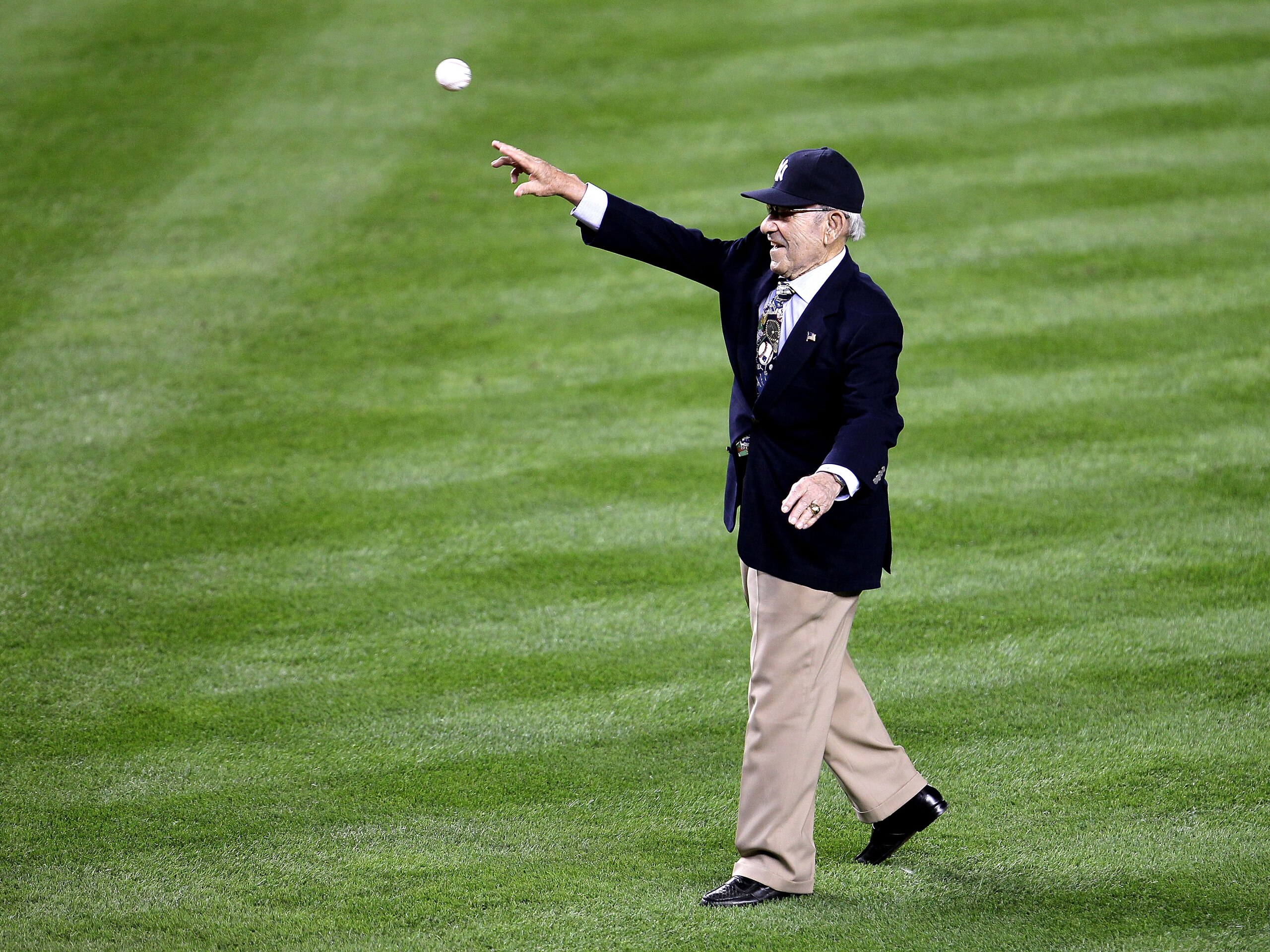 NEW YORK - OCTOBER 09:  Hall of Famer Yogi Berra of the New York Yankees throws out the ceremonial first pitch against the Minnesota Twins during Game Three of the ALDS part of the 2010 MLB Playoffs at Yankee Stadium on October 9, 2010 in the Bronx boroug