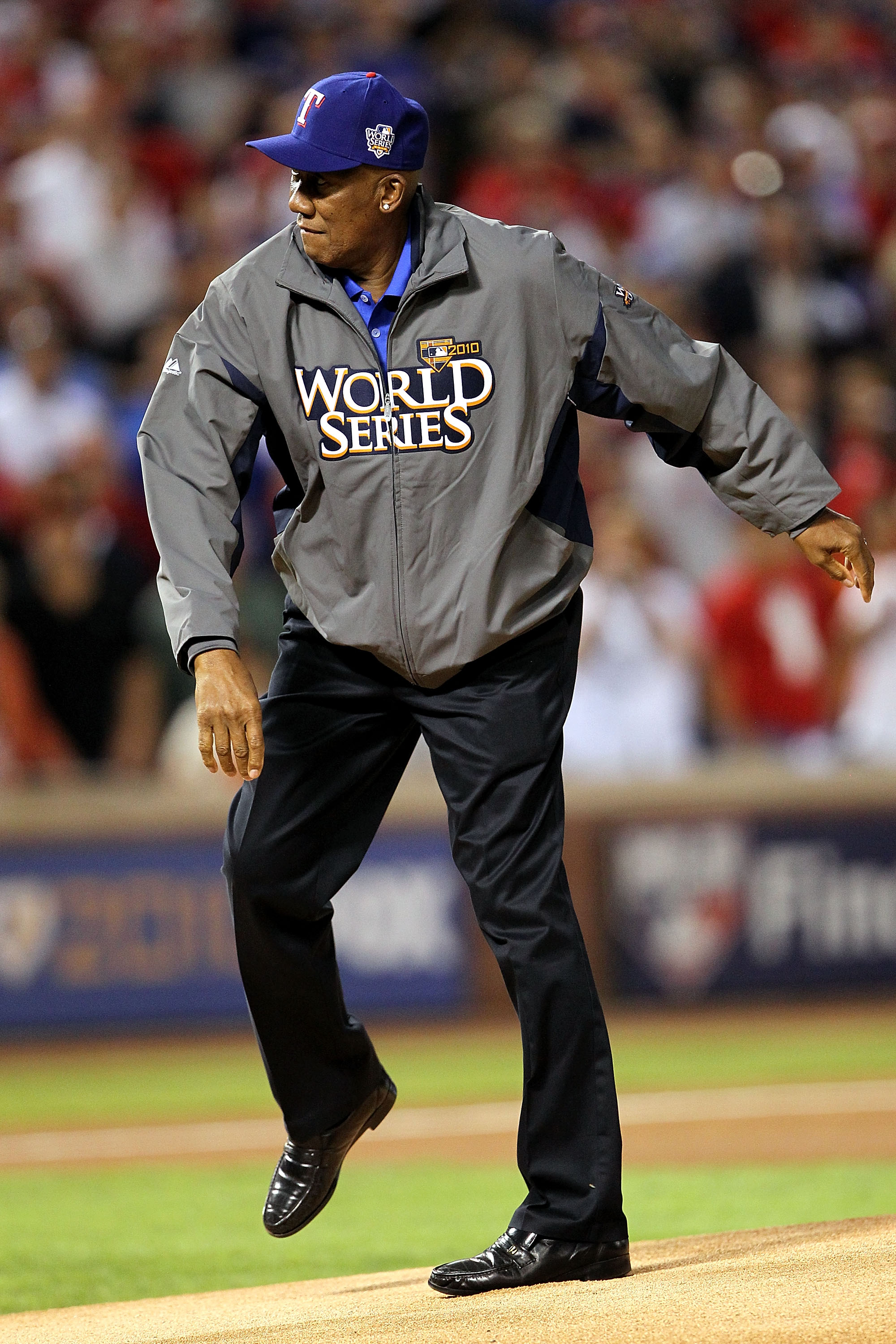 ARLINGTON, TX - NOVEMBER 01:  Baseball Hall of Famer Ferguson Jenkins throws out the cermonial first pitch between the Texas Rangers and the San Francisco Giants in Game Five of the 2010 MLB World Series at Rangers Ballpark in Arlington on November 1, 201