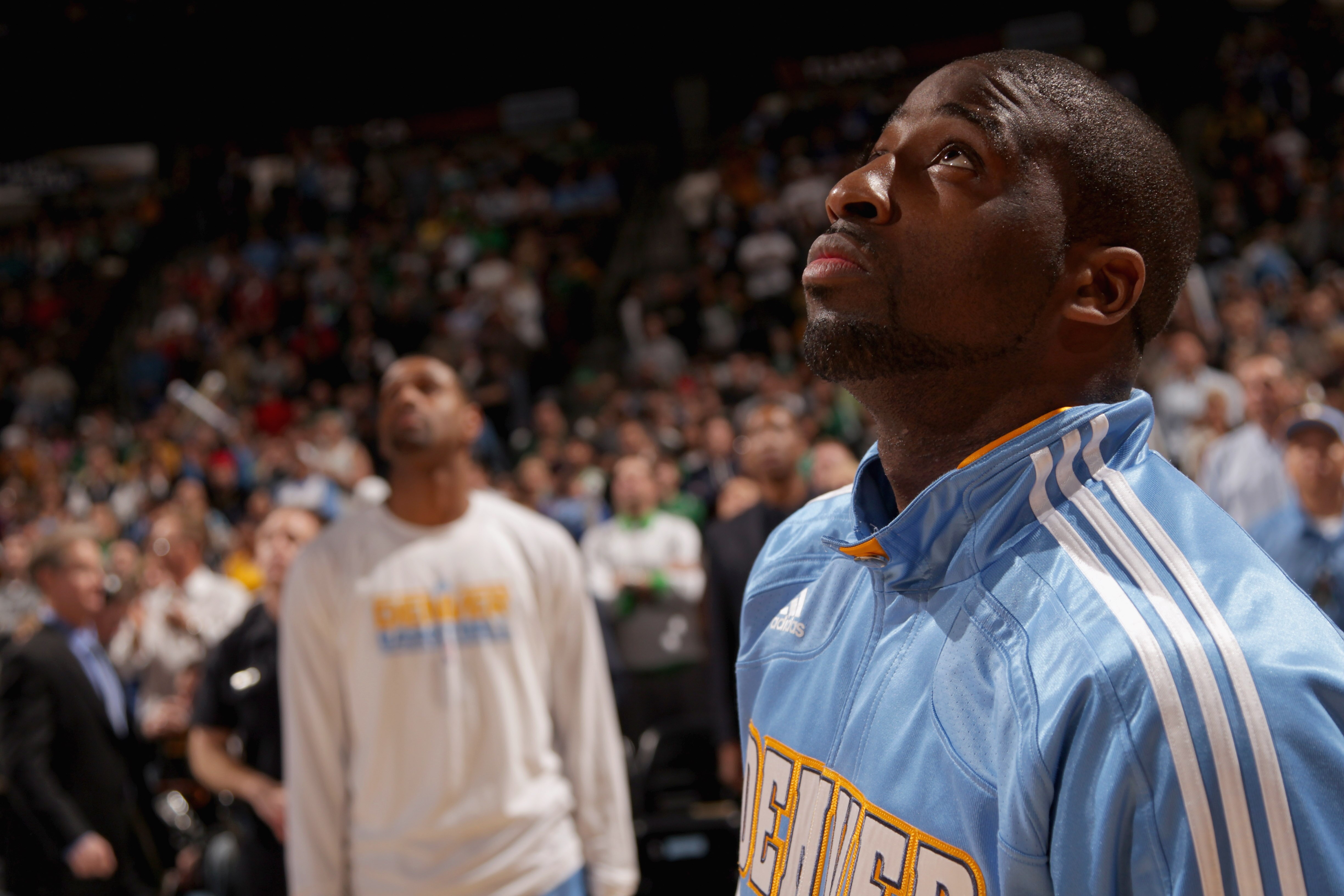 DENVER, CO - FEBRUARY 24:  Raymond Felton #20 of the Denver Nuggets looks on during pregame festivities prior to facing the Boston Celtics during NBA action at the Pepsi Center on February 24, 2011 in Denver, Colorado. The Nuggets defeated the Celtics 89-
