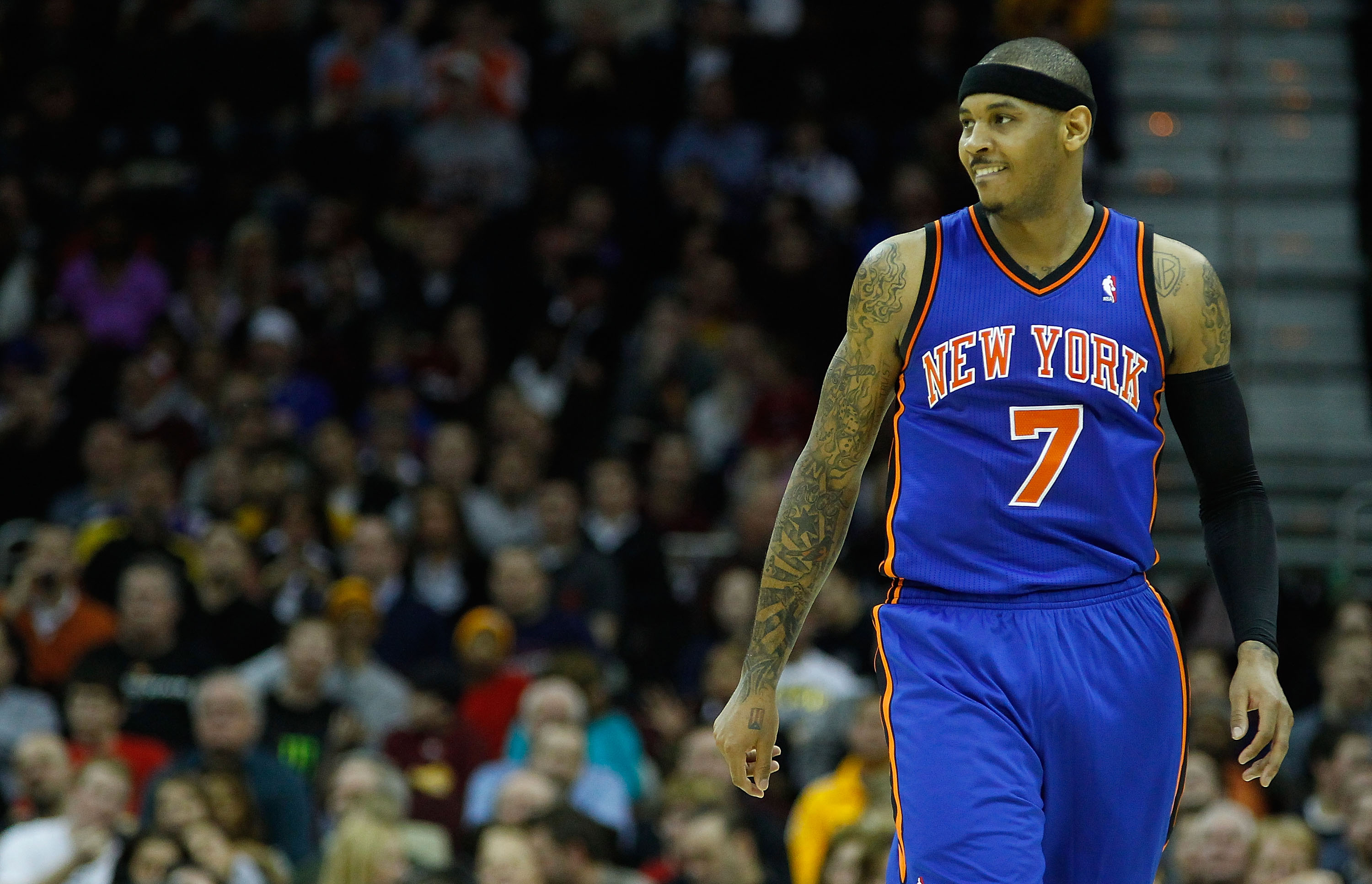 CLEVELAND - FEBRUARY 25:  Carmelo Anthony #7 of the New York Knicks stands on the court during the game against the Cleveland Cavaliers on February 25, 2011 at Quicken Loans Arena in Cleveland, Ohio. NOTE TO USER: User expressly acknowledges and agrees th