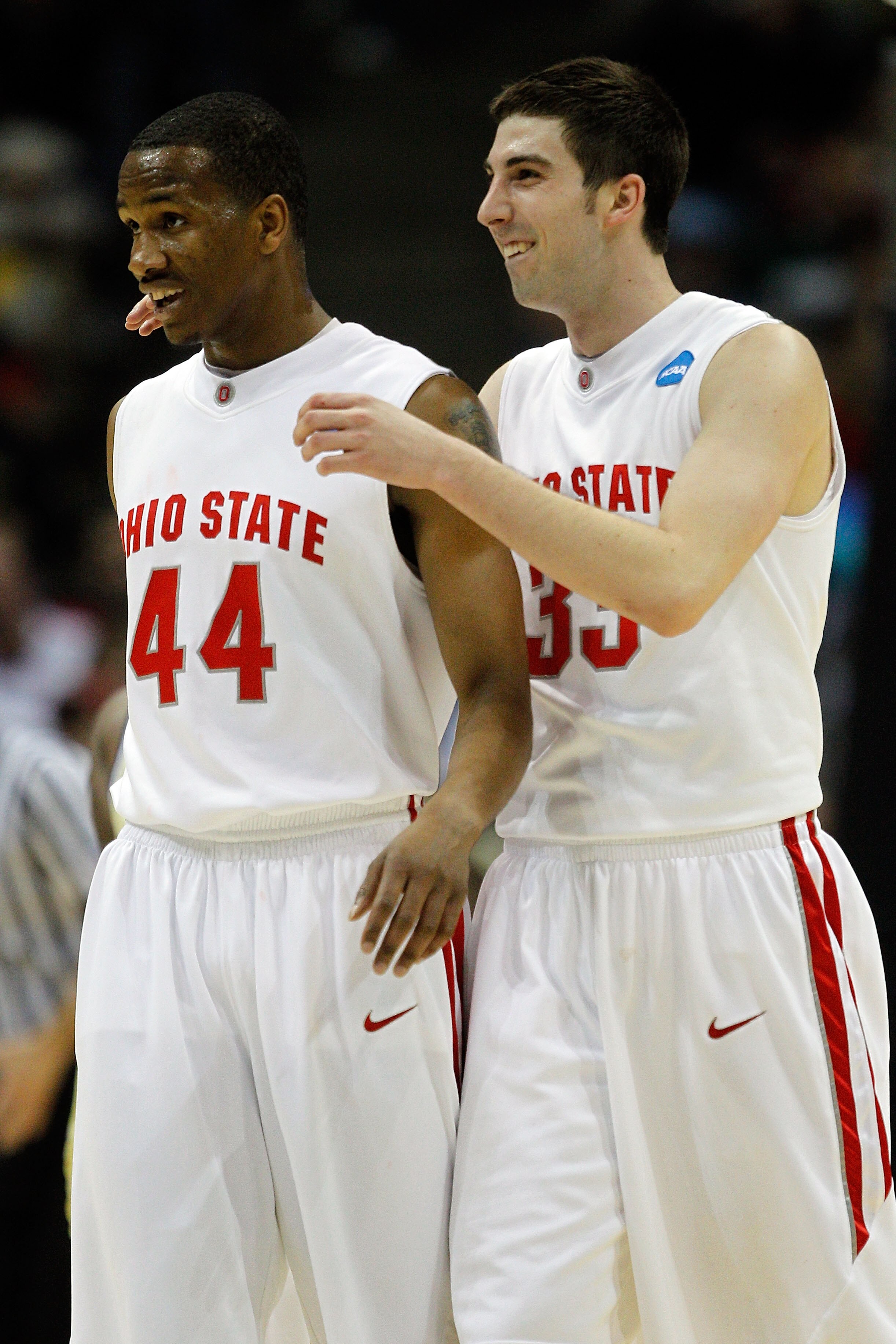 MILWAUKEE - MARCH 21:  William Buford #44 and Jon Diebler #33 of the Ohio State Buckeyes react in the second half while taking on the Georgia Tech Yellow Jackets during the second round of the 2010 NCAA men's basketball tournament at the Bradley Center on
