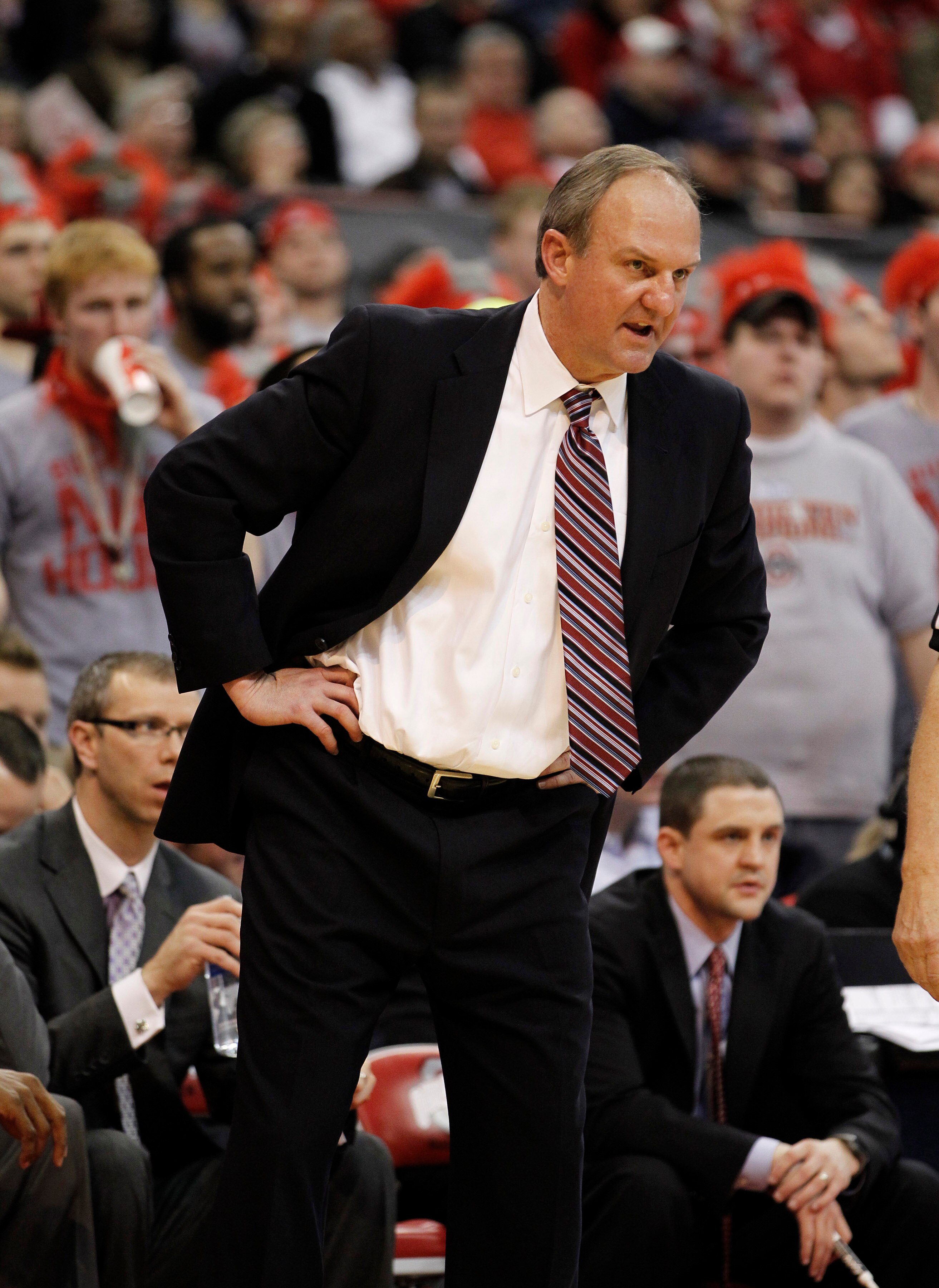COLUMBUS, OH - FEBRUARY 15:  Head coach Thad Matta of the Ohio State Buckeyes looks on from the bench while playing the Michigan State Spartans on February 15, 2011 at Value City Arena in Columbus, Ohio.  (Photo by Gregory Shamus/Getty Images)