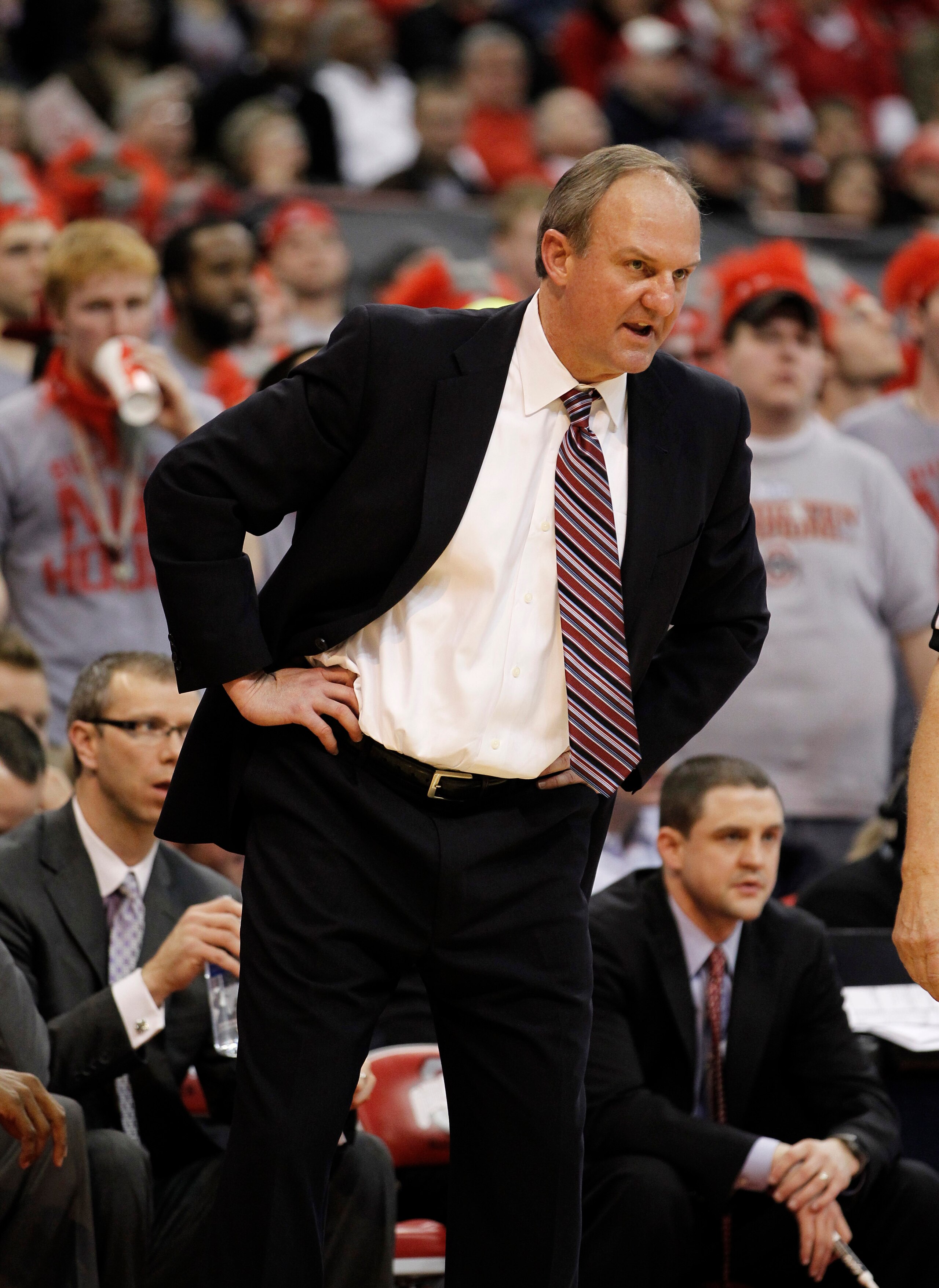 COLUMBUS, OH - FEBRUARY 15:  Head coach Thad Matta of the Ohio State Buckeyes looks on from the bench while playing the Michigan State Spartans on February 15, 2011 at Value City Arena in Columbus, Ohio.  (Photo by Gregory Shamus/Getty Images)