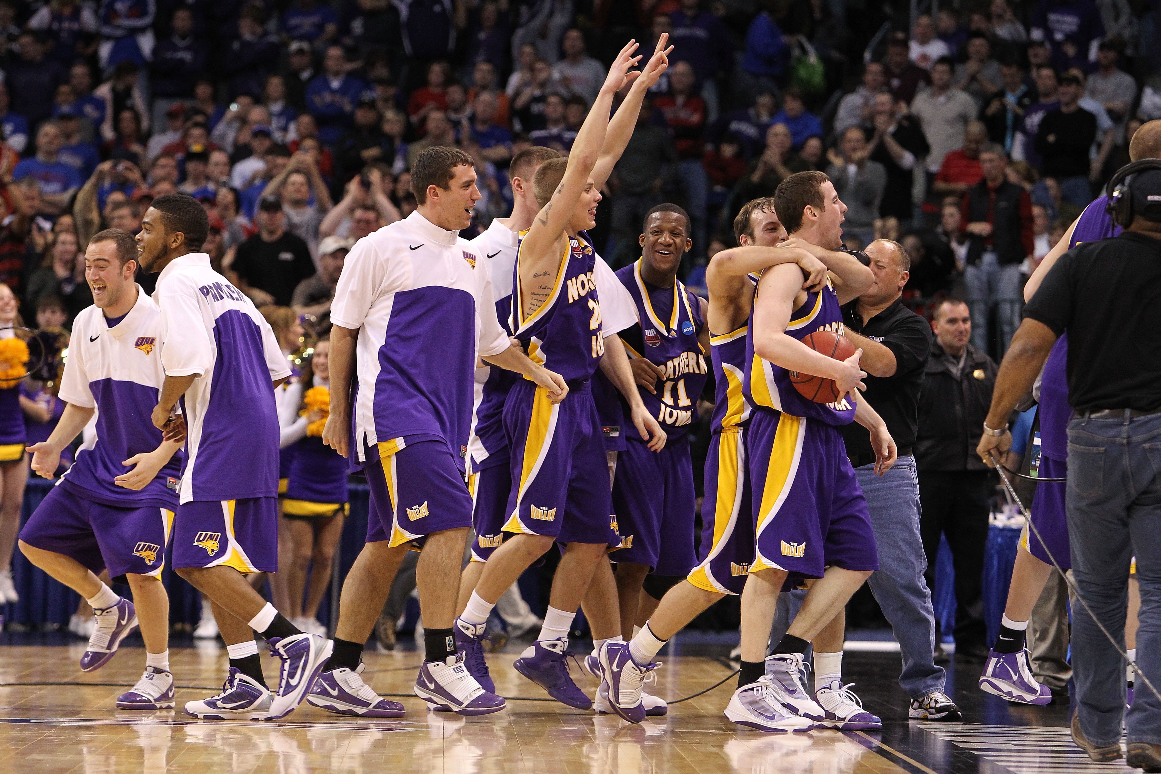 OKLAHOMA CITY - MARCH 20:  The Northern Iowa Panthers celebrate after they won 69-67 against the Kansas Jayhawks during the second round of the 2010 NCAA men's basketball tournament at Ford Center on March 20, 2010 in Oklahoma City, Oklahoma.  (Photo by R