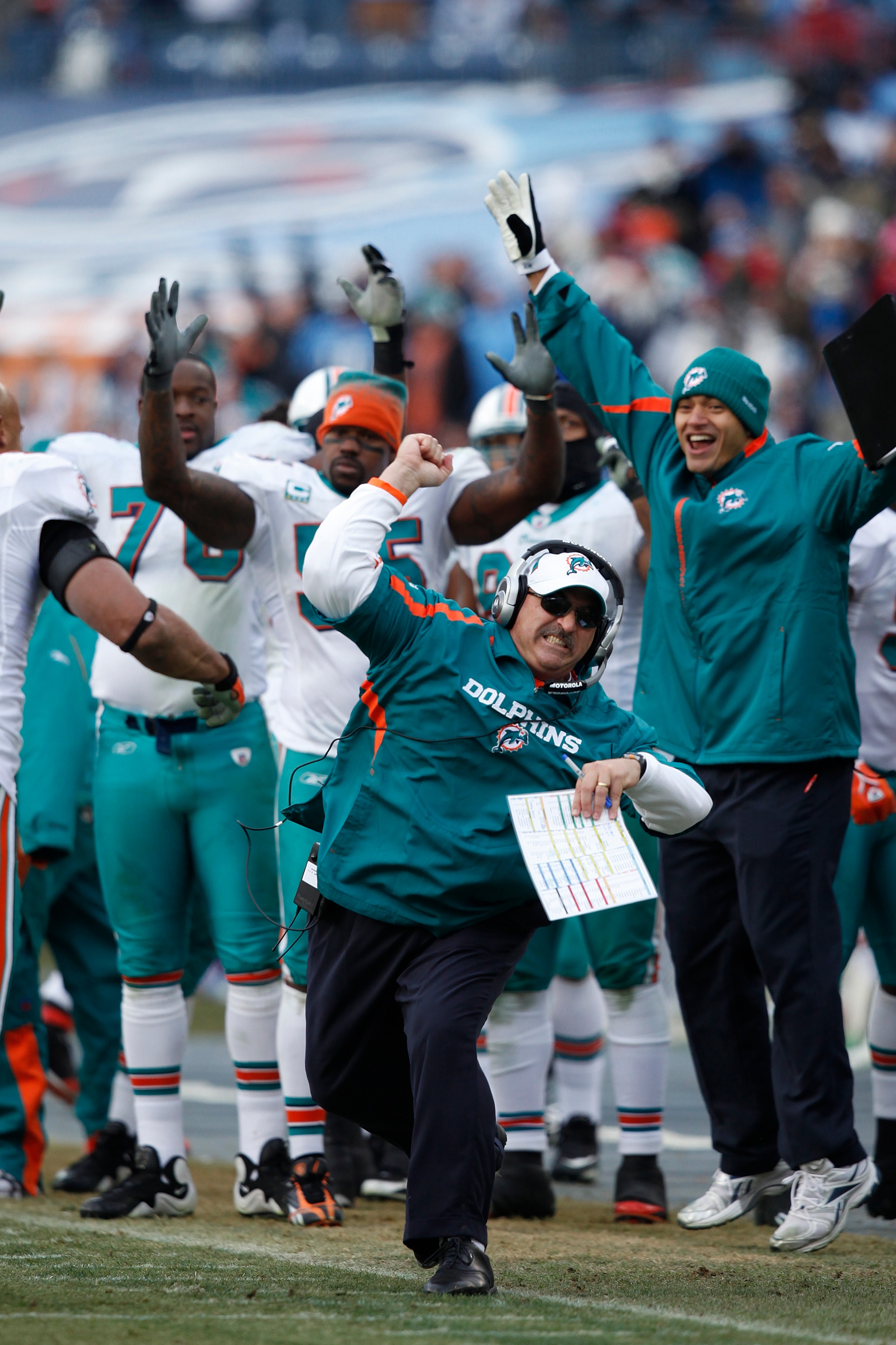NASHVILLE, TN - DECEMBER 20: Head coach Tony Sparano of the Miami Dolphins celebrates after the game tying touchdown against the Tennessee Titans at LP Field on December 20, 2009 in Nashville, Tennessee. The Titans defeated the Dolphins 27-24 in overtime.