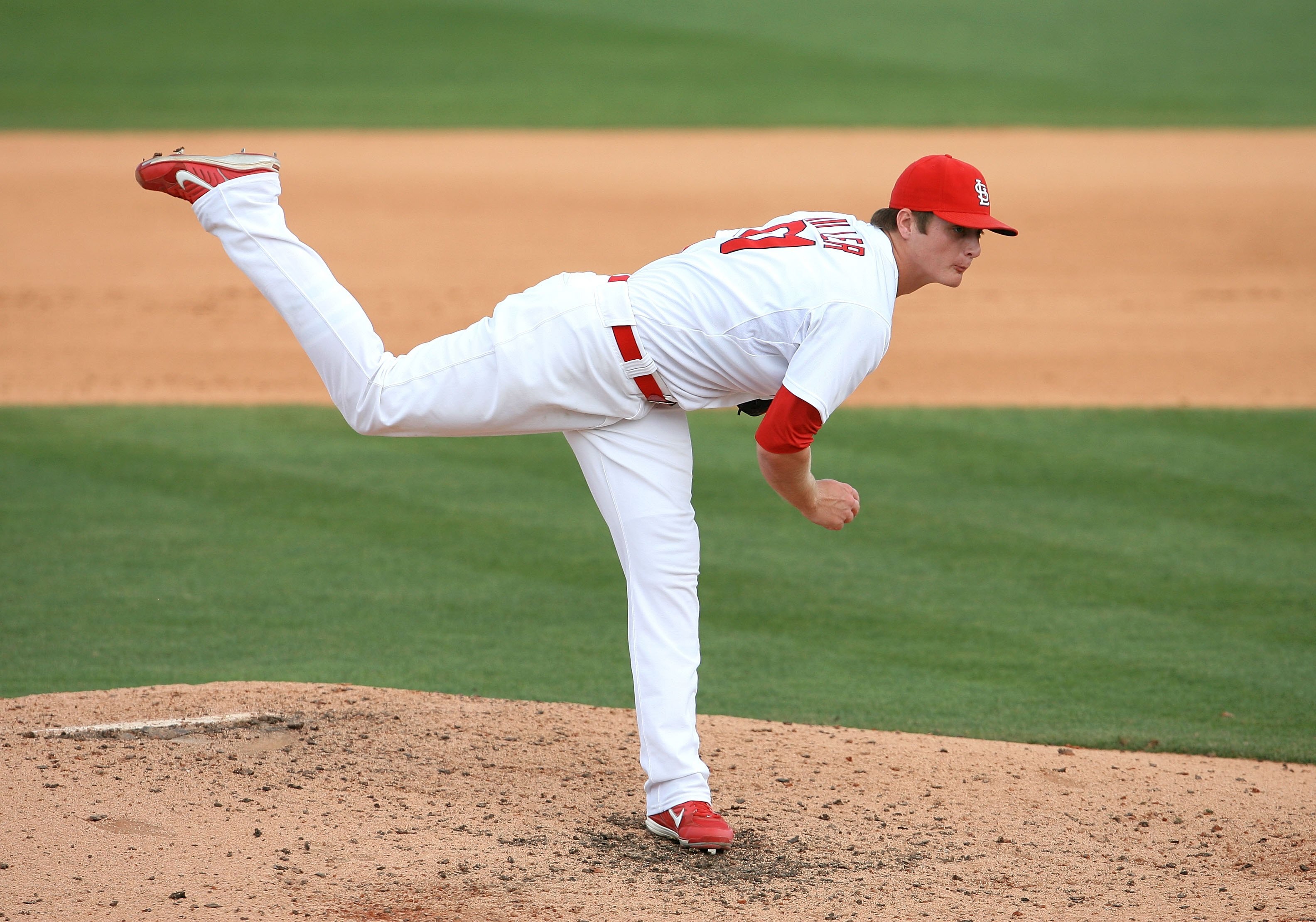 JUPITER, FL - MARCH 10:  Relief pitcher Shelby Miller #91 of the St Louis Cardinals pitches against the Washington Nationals at Roger Dean Stadium on March 10, 2010 in Jupiter, Florida.  (Photo by Doug Benc/Getty Images)