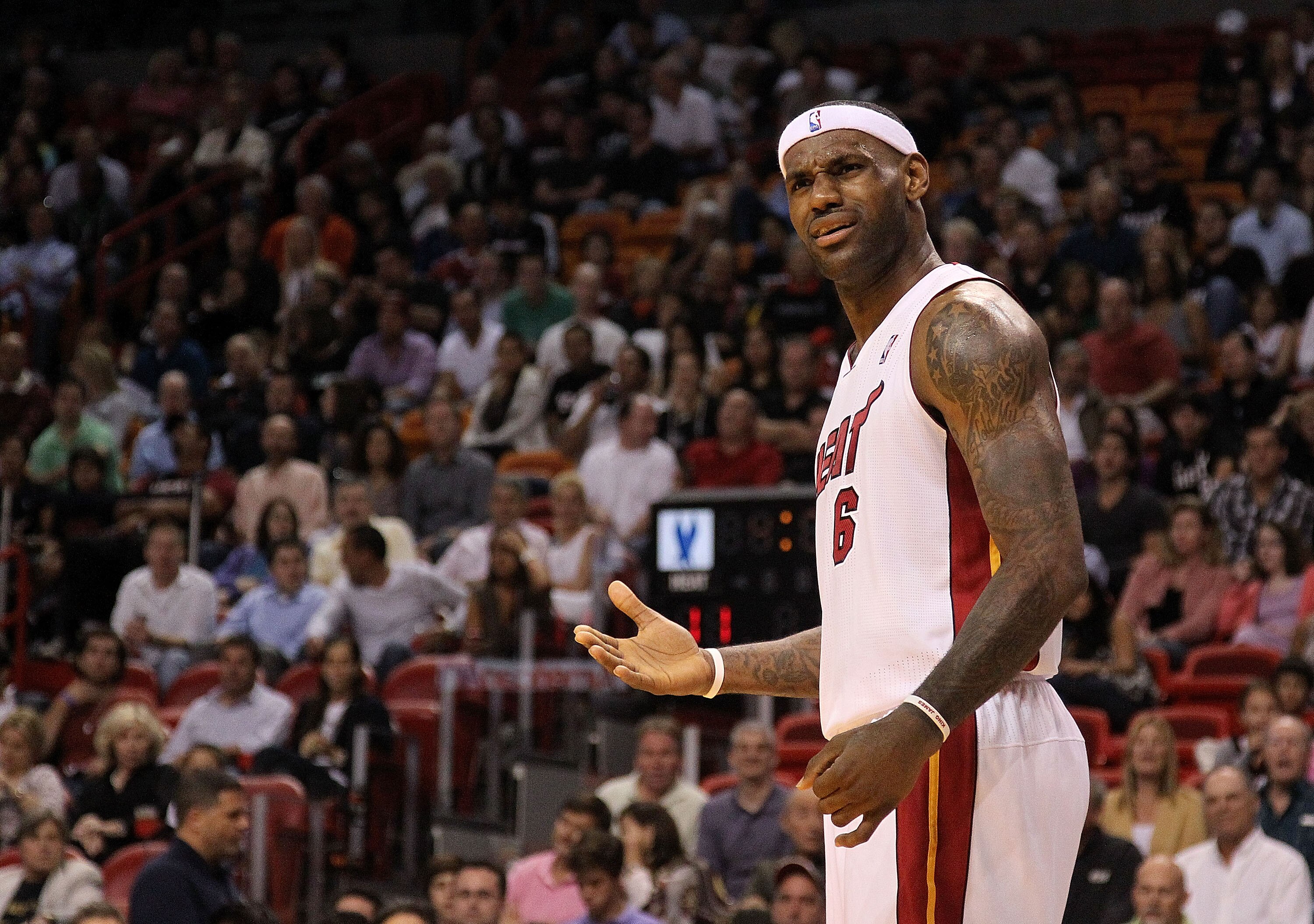 MIAMI, FL - FEBRUARY 25:  LeBron James #6 of the Miami Heat argues a call during a game against the Washington Wizards at American Airlines Arena on February 25, 2011 in Miami, Florida. NOTE TO USER: User expressly acknowledges and agrees that, by downloa
