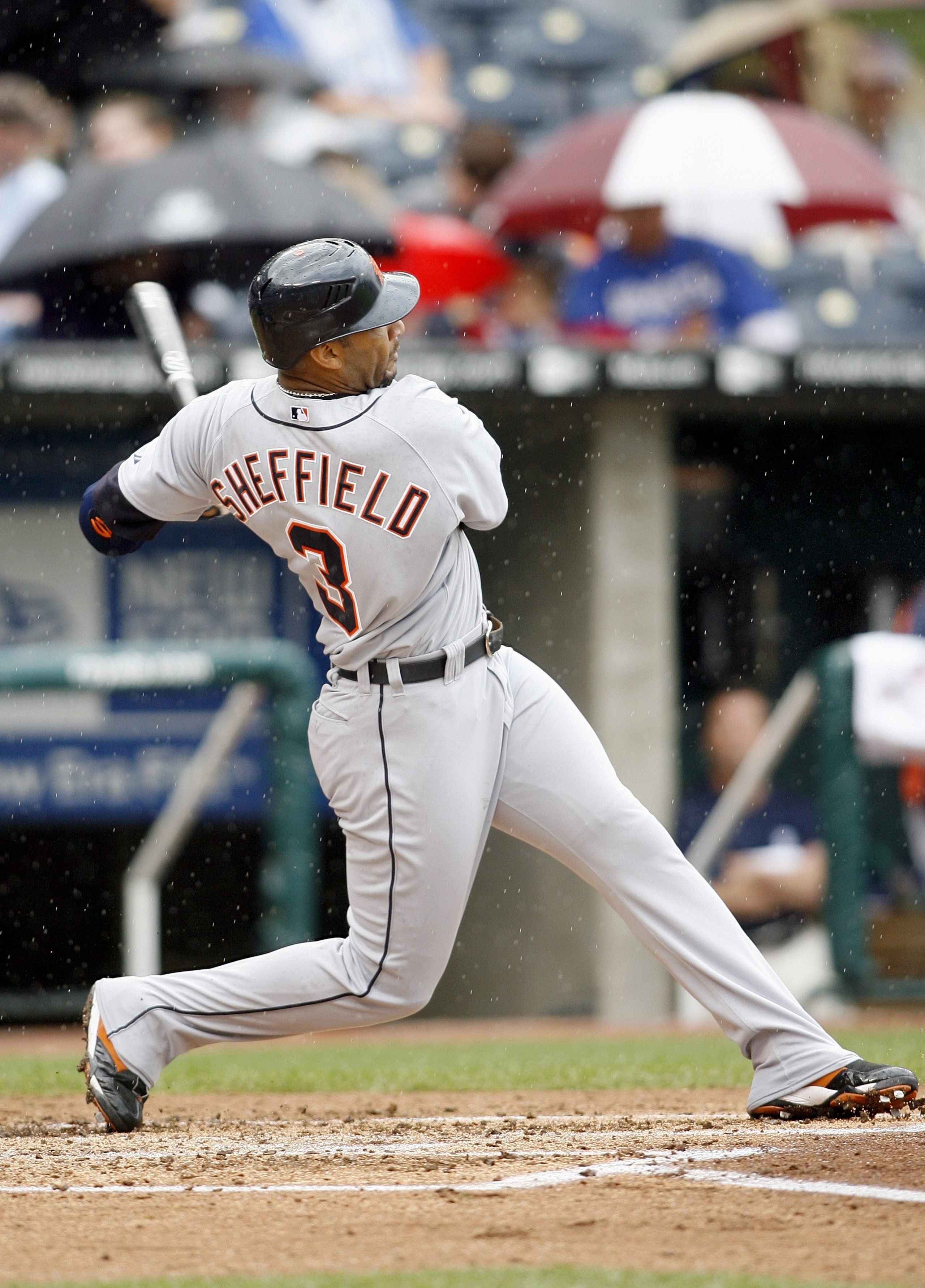 KANSAS CITY, MO - MAY 6: Gary Sheffield #3 of the Detroit Tigers swings at the pitch against the Kansas City Royals on May 6, 2007 at Kauffman Stadium in Kansas City, Missouri.  (Photo by G. Newman Lowrance/Getty Images)