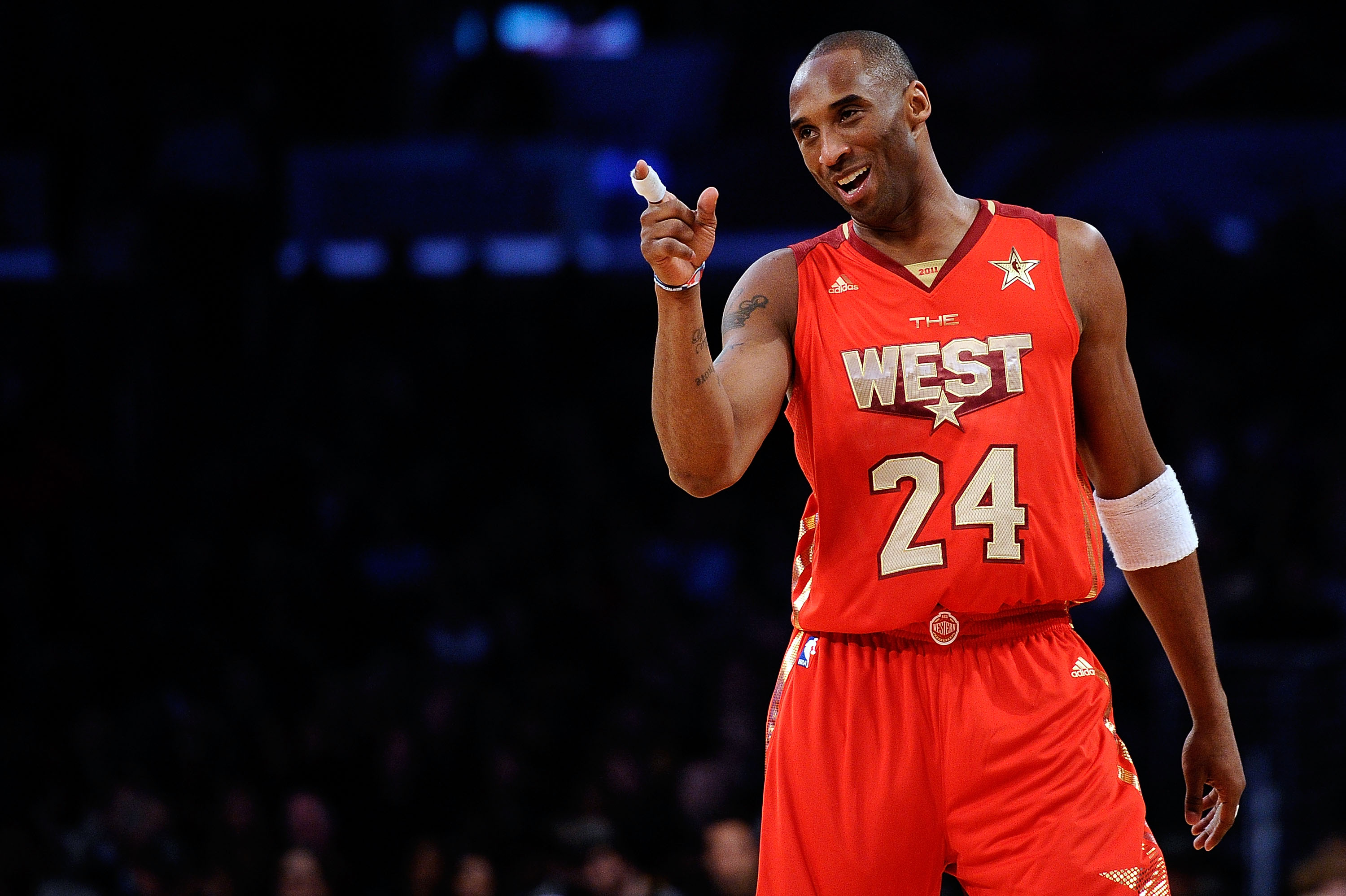LOS ANGELES, CA - FEBRUARY 20:  Kobe Bryant #24 of the Los Angeles Lakers and the Western Conference points in the 2011 NBA All-Star Game at Staples Center on February 20, 2011 in Los Angeles, California. NOTE TO USER: User expressly acknowledges and agre