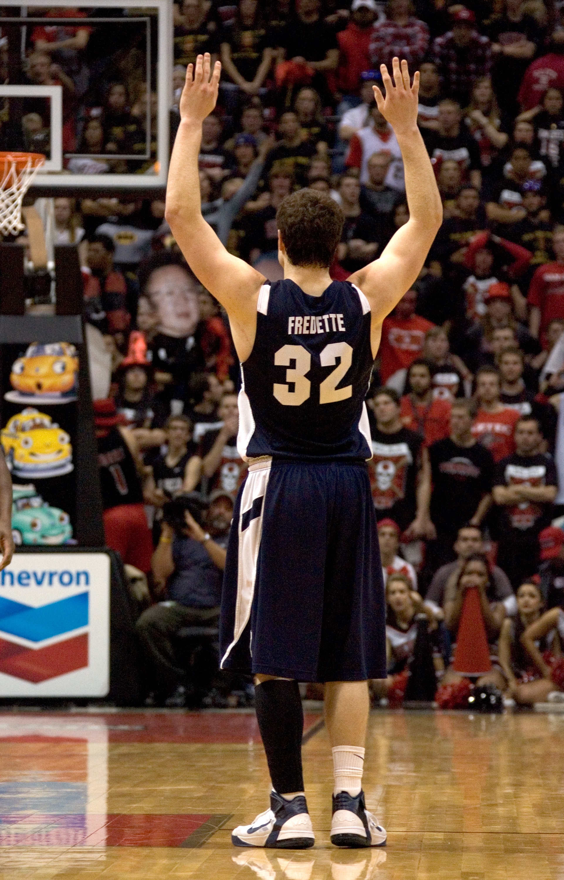 SAN DIEGO, CA - FEBRUARY 26:  Jimmer Fredette #32 of the Brigham Young Cougars celebrates the win against the San Diego State Aztecs during the second half at Cox Arena on February 26, 2011 in San Diego, California. BYU beat SDSU 80-67. (Photo by Kent Hor