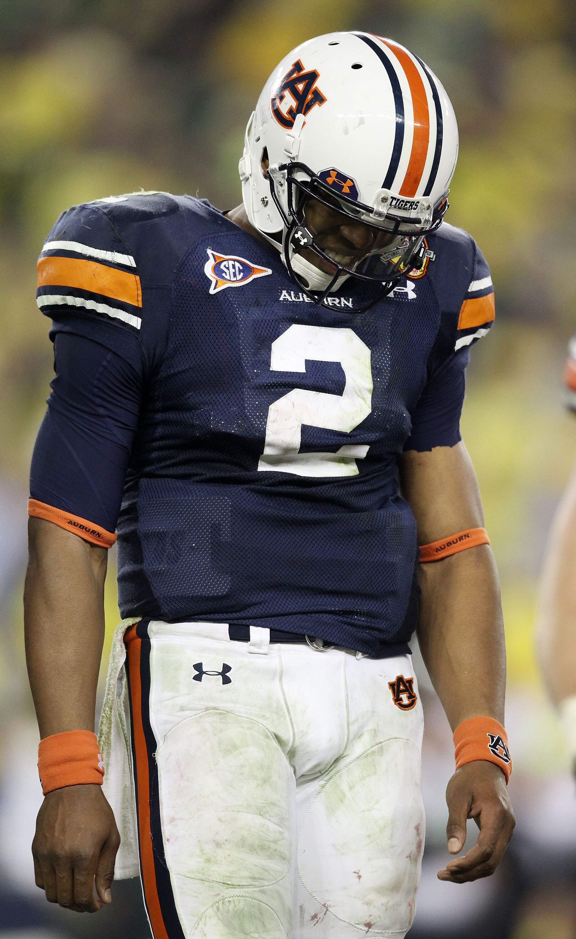 GLENDALE, AZ - JANUARY 10:  Cameron Newton #2 of the Auburn Tigers reacts during their game against the Oregon Ducks during the Tostitos BCS National Championship Game at University of Phoenix Stadium on January 10, 2011 in Glendale, Arizona.  (Photo by C