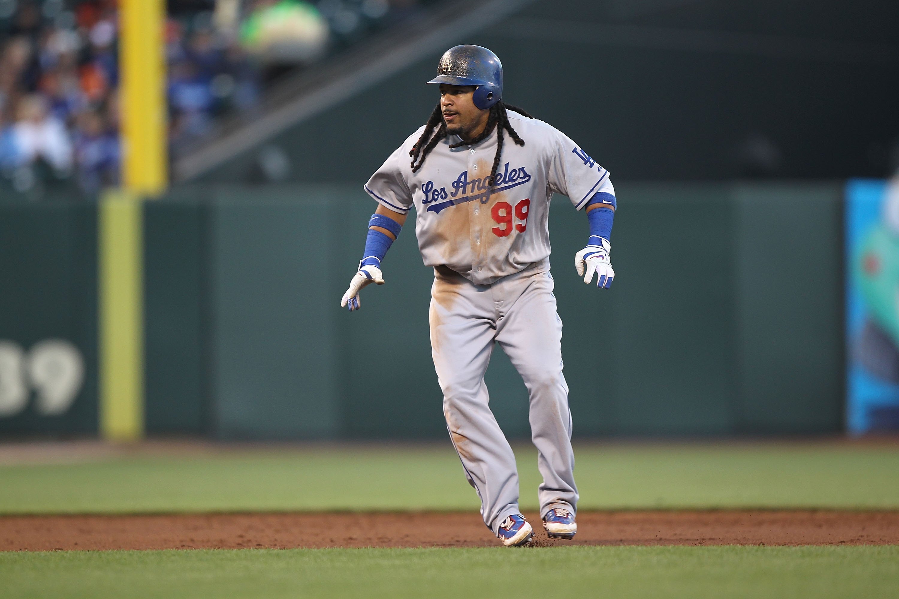 SAN FRANCISCO - JUNE 28:  Manny Ramirez #99  of the Los Angeles Dodgers in action against the San Francisco Giants during an MLB game at AT&T Park on June 28, 2010 in San Francisco, California.  (Photo by Jed Jacobsohn/Getty Images)