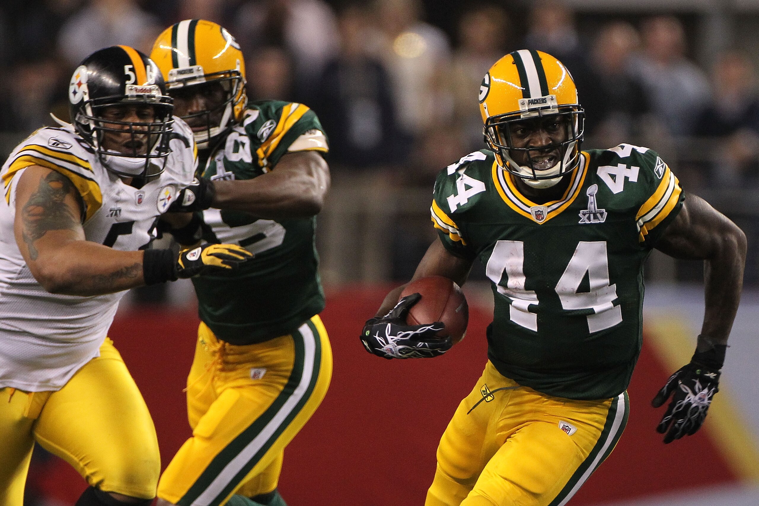 ARLINGTON, TX - FEBRUARY 06:  James Starks #44 of the Green Bay Packers runs the ball in the fourth quarter against the Pittsburgh Steelers during Super Bowl XLV at Cowboys Stadium on February 6, 2011 in Arlington, Texas.  (Photo by Doug Pensinger/Getty I