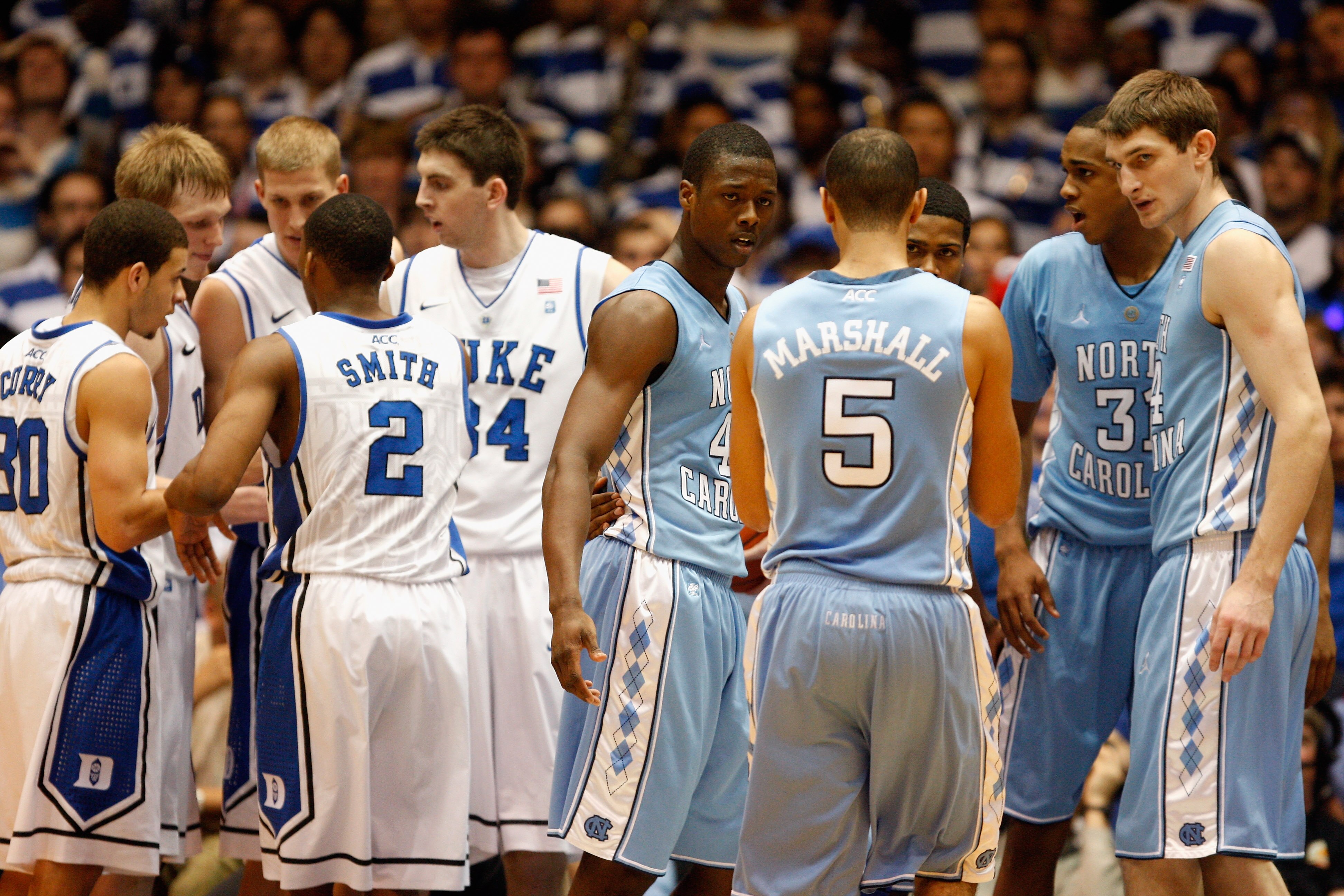 DURHAM, NC - FEBRUARY 09:  Harrison Barnes #40 and Tyler Zeller #44 of the North Carolina Tar Heels watch on against the Duke Blue Devils during their game at Cameron Indoor Stadium on February 9, 2011 in Durham, North Carolina.  (Photo by Streeter Lecka/