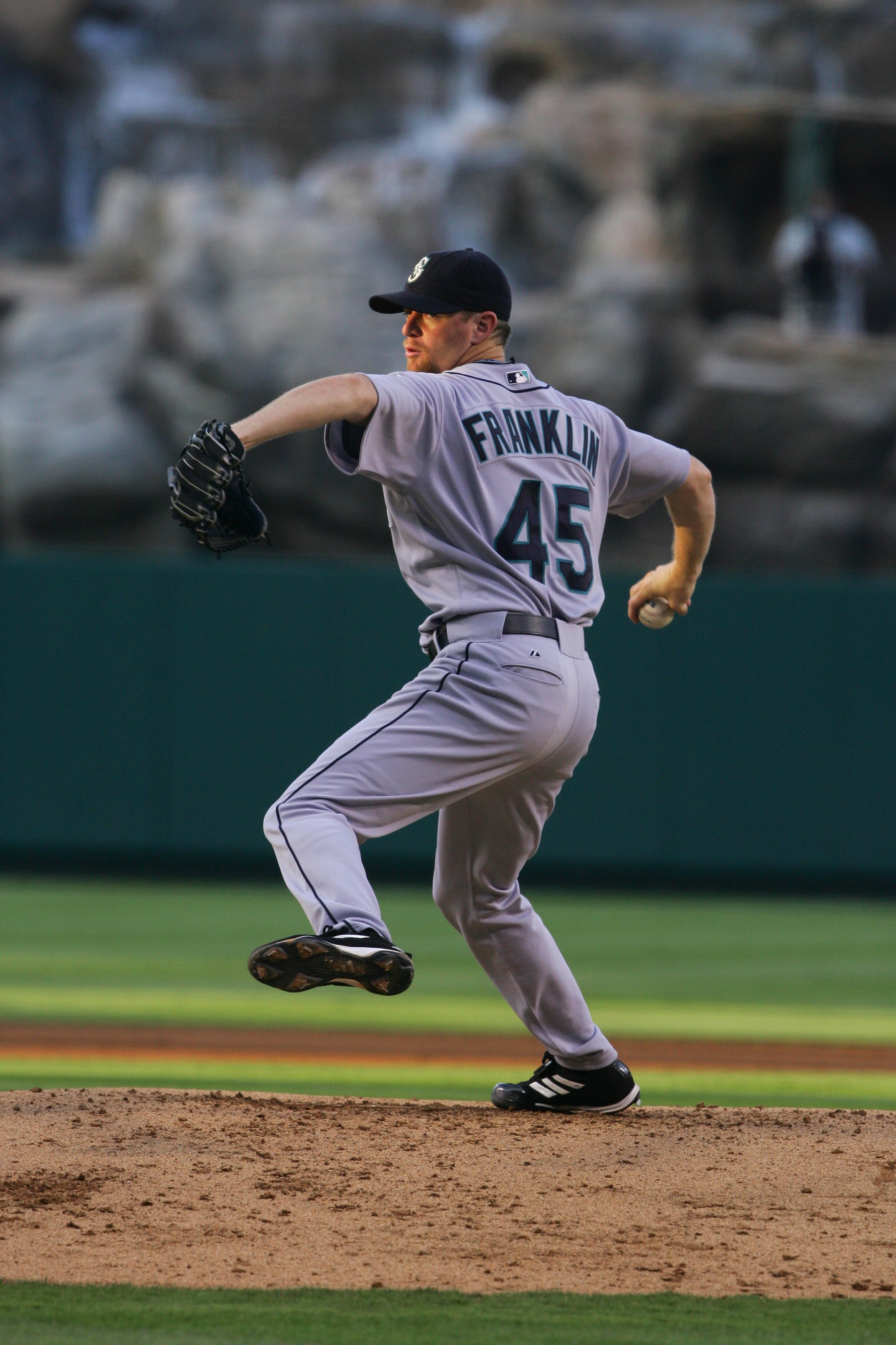 ANAHEIM, CA - JULY 9:  Ryan Franklin #45 of the Seattle Mariners pitches against the Los Angeles Angels of Anaheim on July 9, 2005 at Angel Stadium in Anaheim, California.  (Photo by Lisa Blumenfeld/Getty Images)