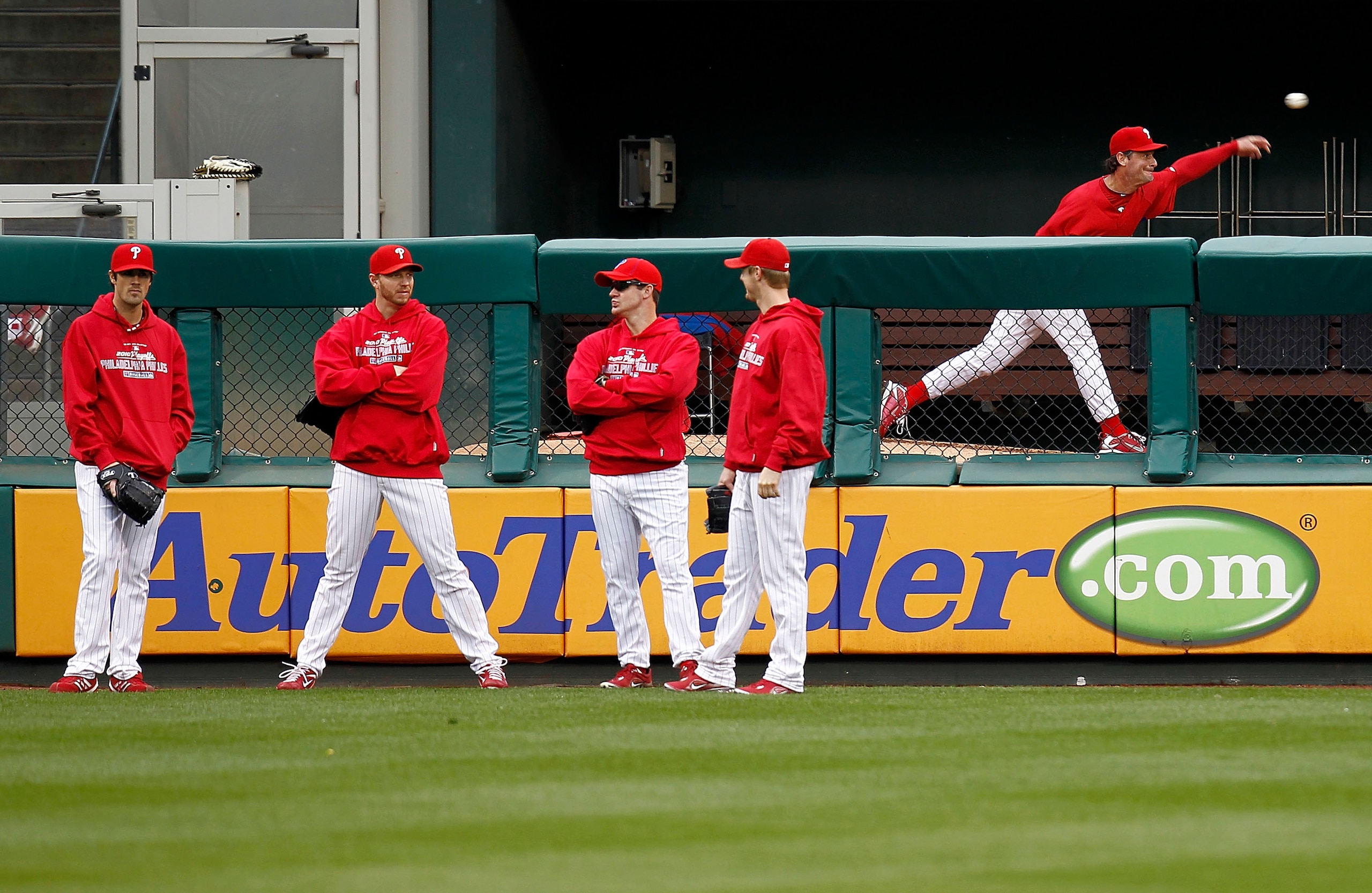 PHILADELPHIA - OCTOBER 15:  Cole Hamels #35, Roy Halladay #34, Roy Oswalt #44, Kyle Kendrick #38 and Jamie Moyer #50 of the Philadelphia Phillies during a workout before the NLCS against the San Francisco Giants at Citizens Bank Park on October 15, 2010 i
