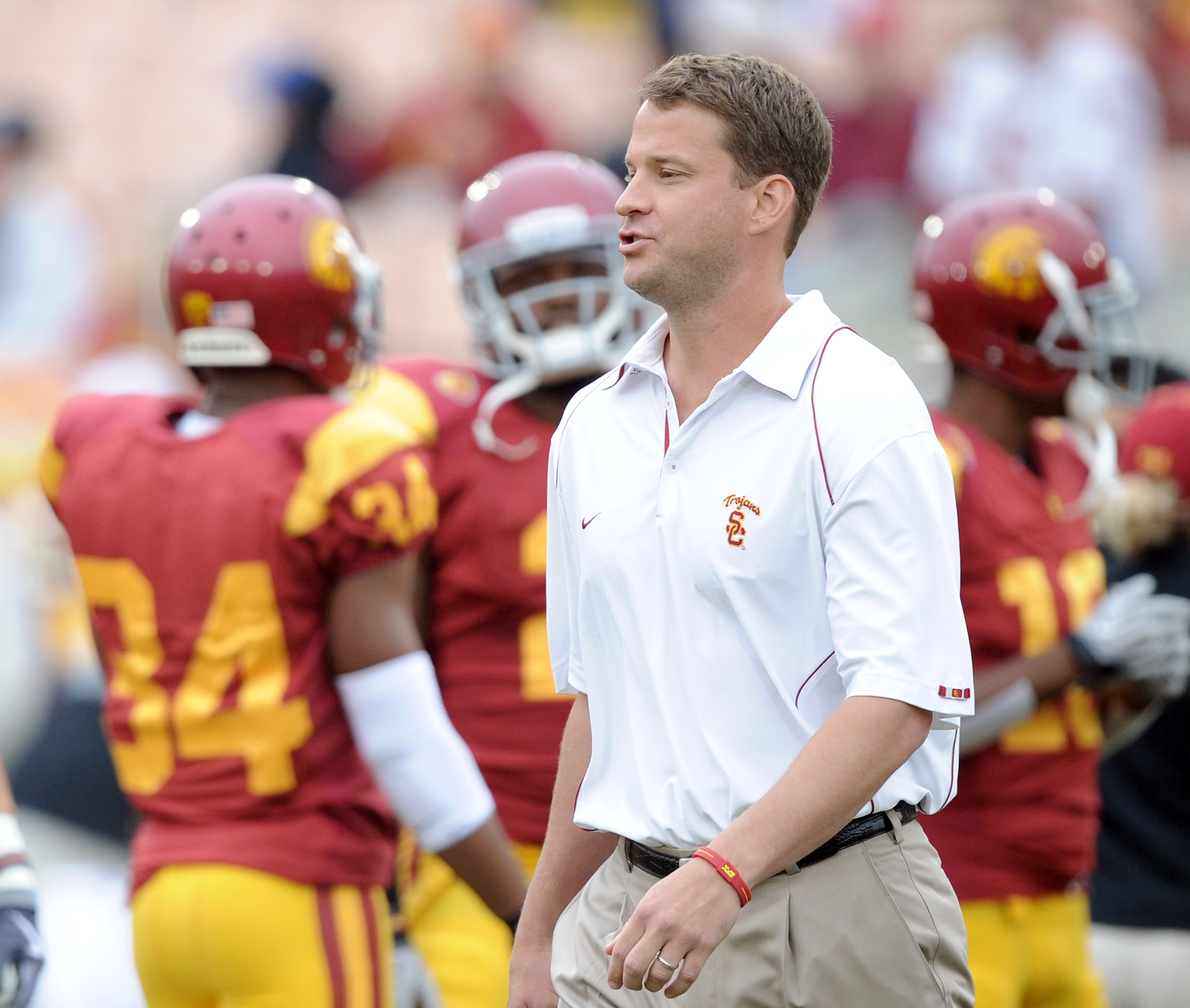 LOS ANGELES, CA - OCTOBER 16:  Head Coach Lane Kiffin of the USC Trojans during warm up against the California Golden Bears at Los Angeles Memorial Coliseum on October 16, 2010 in Los Angeles, California.  (Photo by Harry How/Getty Images)