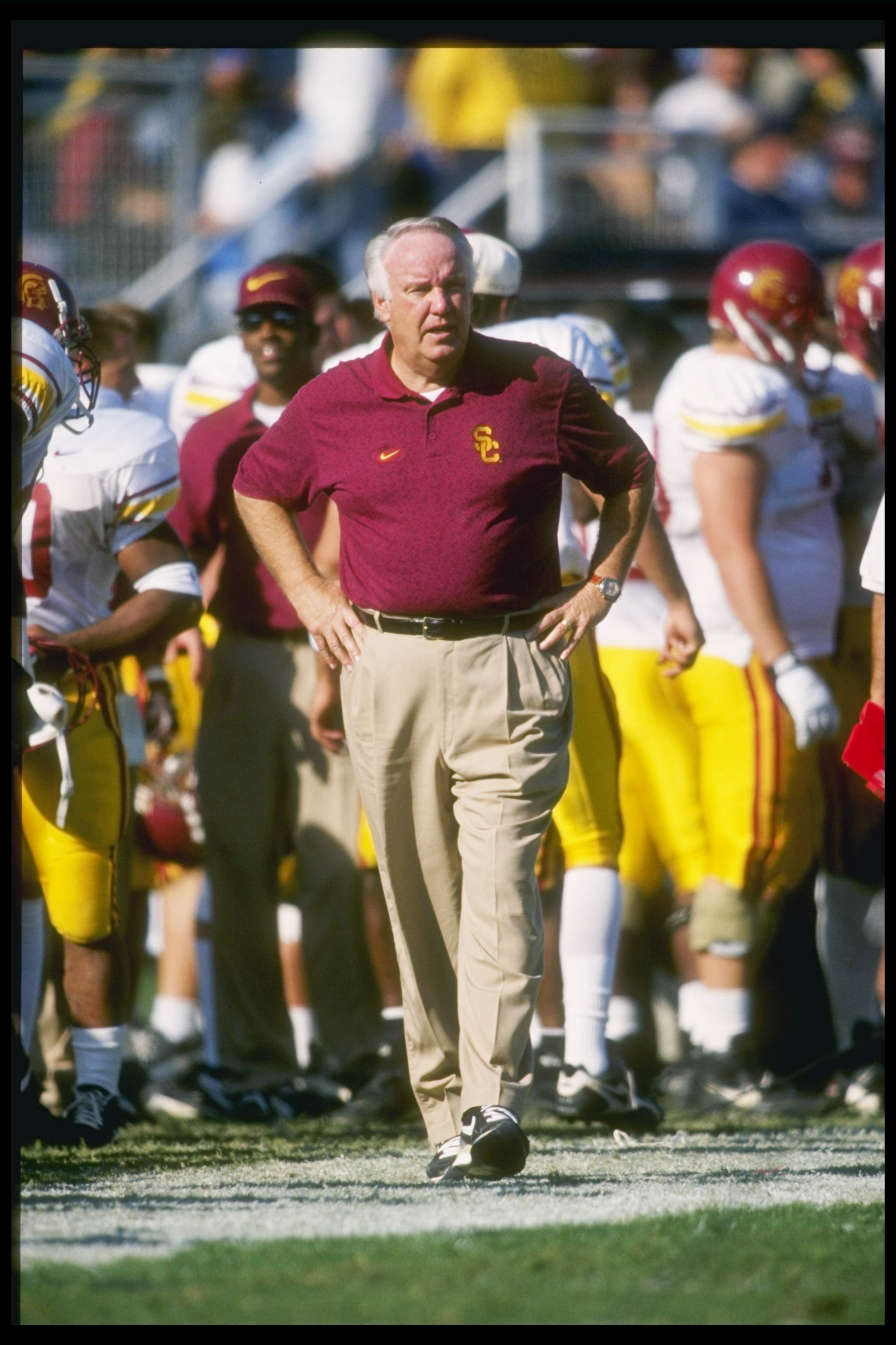 23 Nov 1996:  USC Trojans head coach John Robinson walks down the sidelines during game against the UCLA Bruins at the Rose Bowl in Pasadena, California.  UCLA won the game 48-41. Mandatory Credit: Stephen Dunn  /Allsport