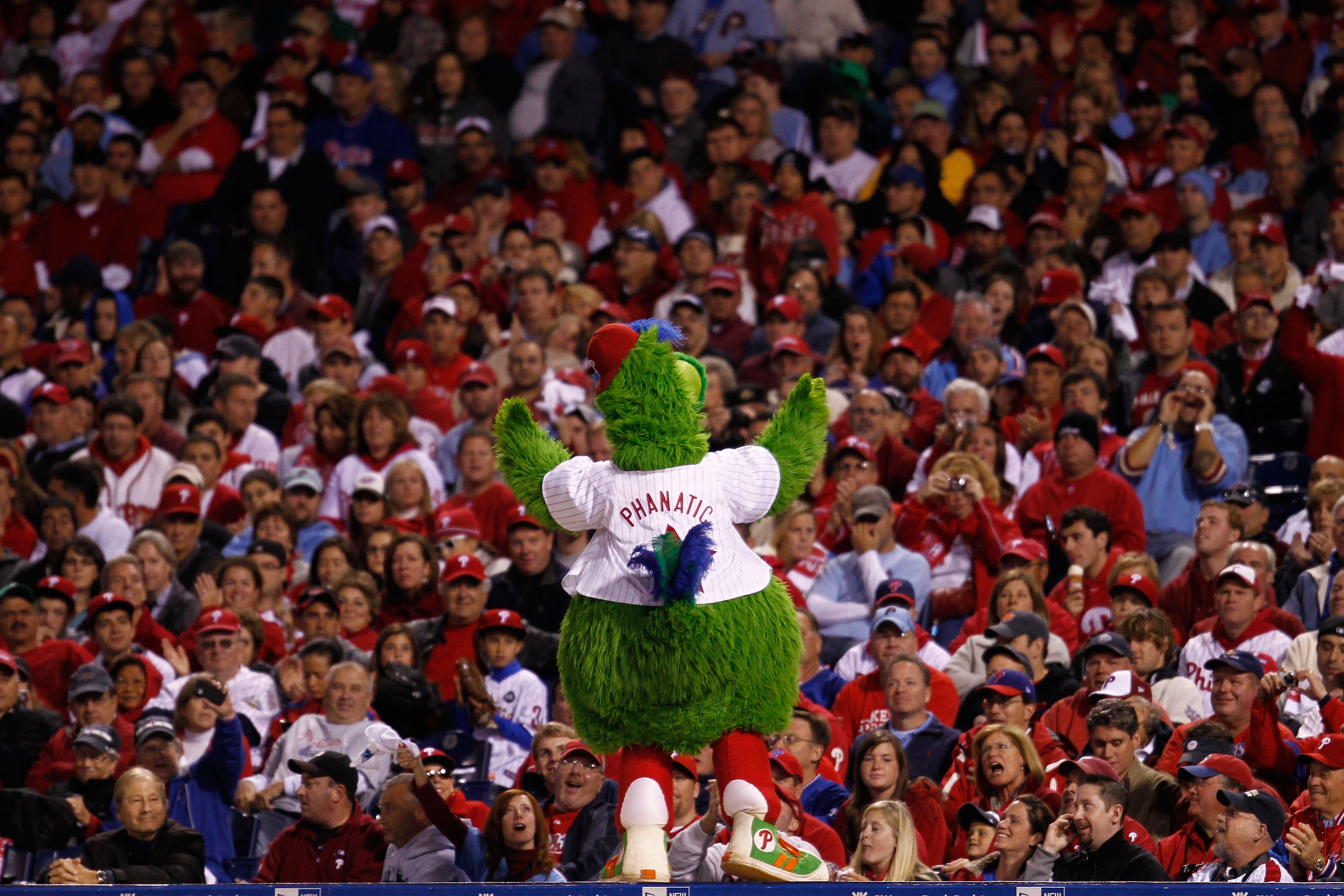 PHILADELPHIA - OCTOBER 17:  The Phillie Phanatic pumps up the crowd as the Phillies take on the San Francisco Giants in Game Two of the NLCS during the 2010 MLB Playoffs at Citizens Bank Park on October 17, 2010 in Philadelphia, Pennsylvania.  (Photo by J