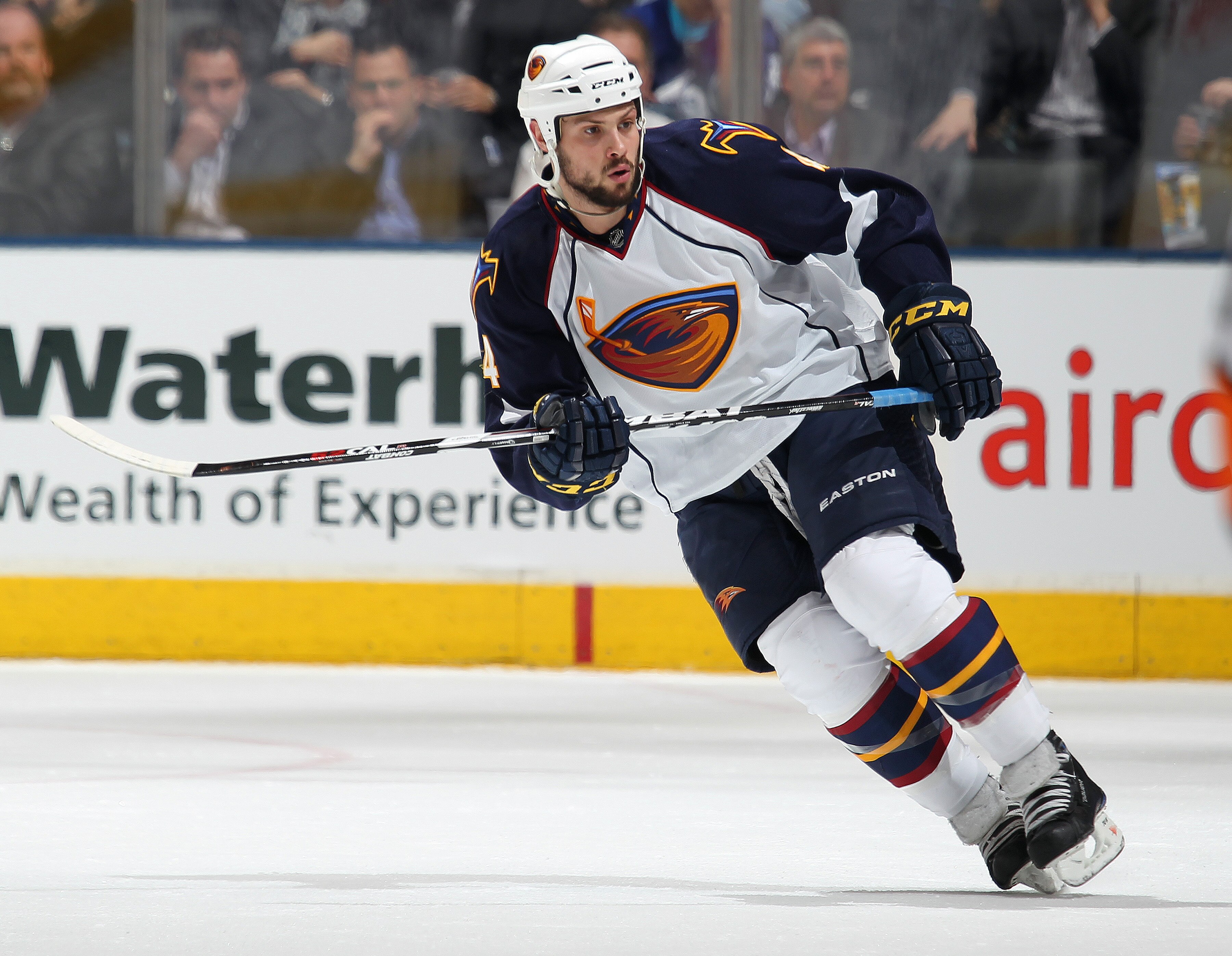 TORONTO, CAN - FEBRUARY 7:  Zach Bogosian #4 of the Atlanta Thrashers skates in a game against the Toronto Maple Leafs on February 7, 2011 at the Air Canada Centre in Toronto, Canada. The Leafs defeated the Thrashers 5-4. (Photo by Claus Andersen/Getty Im