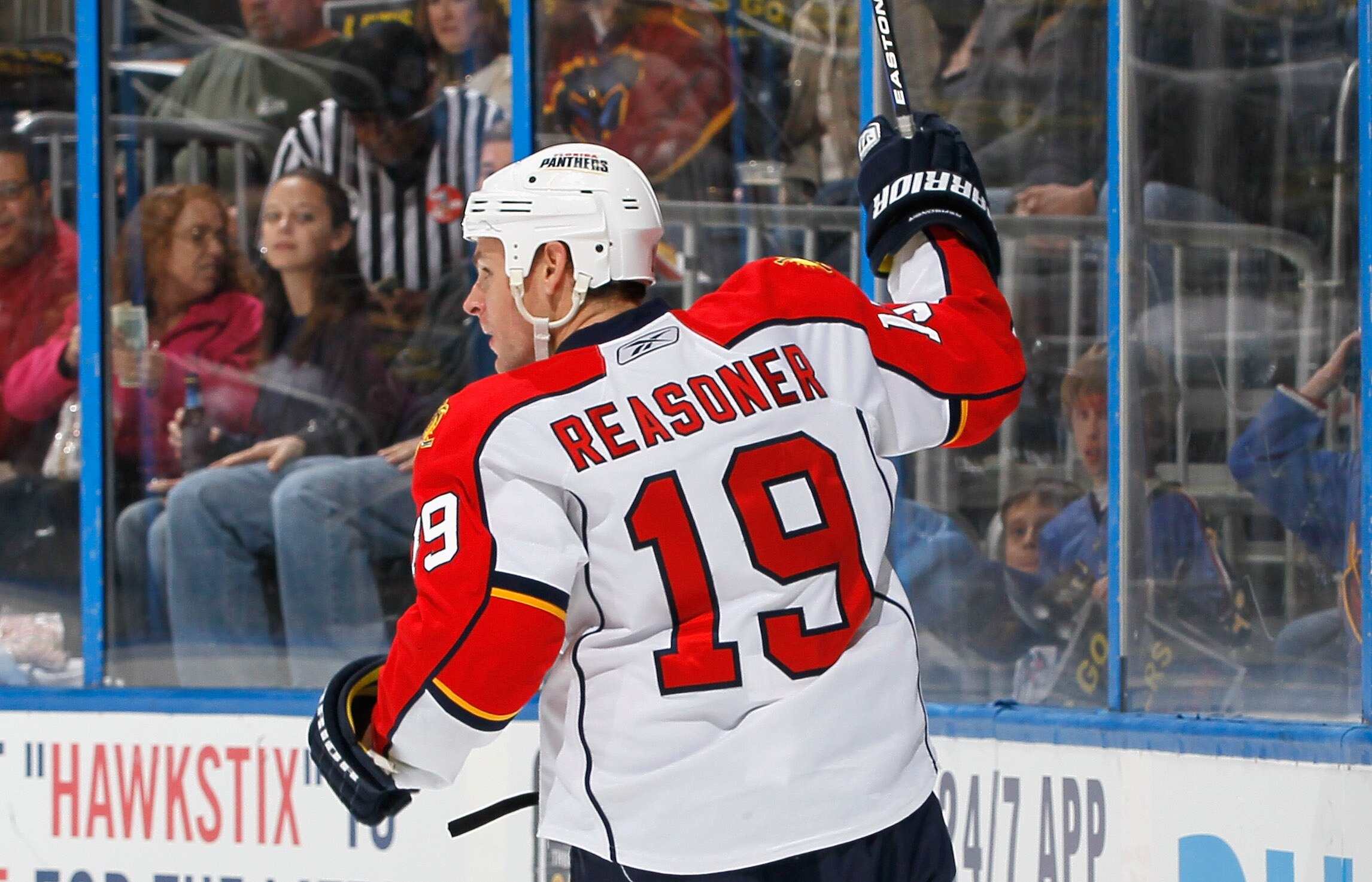 ATLANTA, GA - FEBRUARY 25:  Marty Reasoner #19 of the Florida Panthers reacts after scoring a goal against the Atlanta Thrashers at Philips Arena on February 25, 2011 in Atlanta, Georgia.  (Photo by Kevin C. Cox/Getty Images)