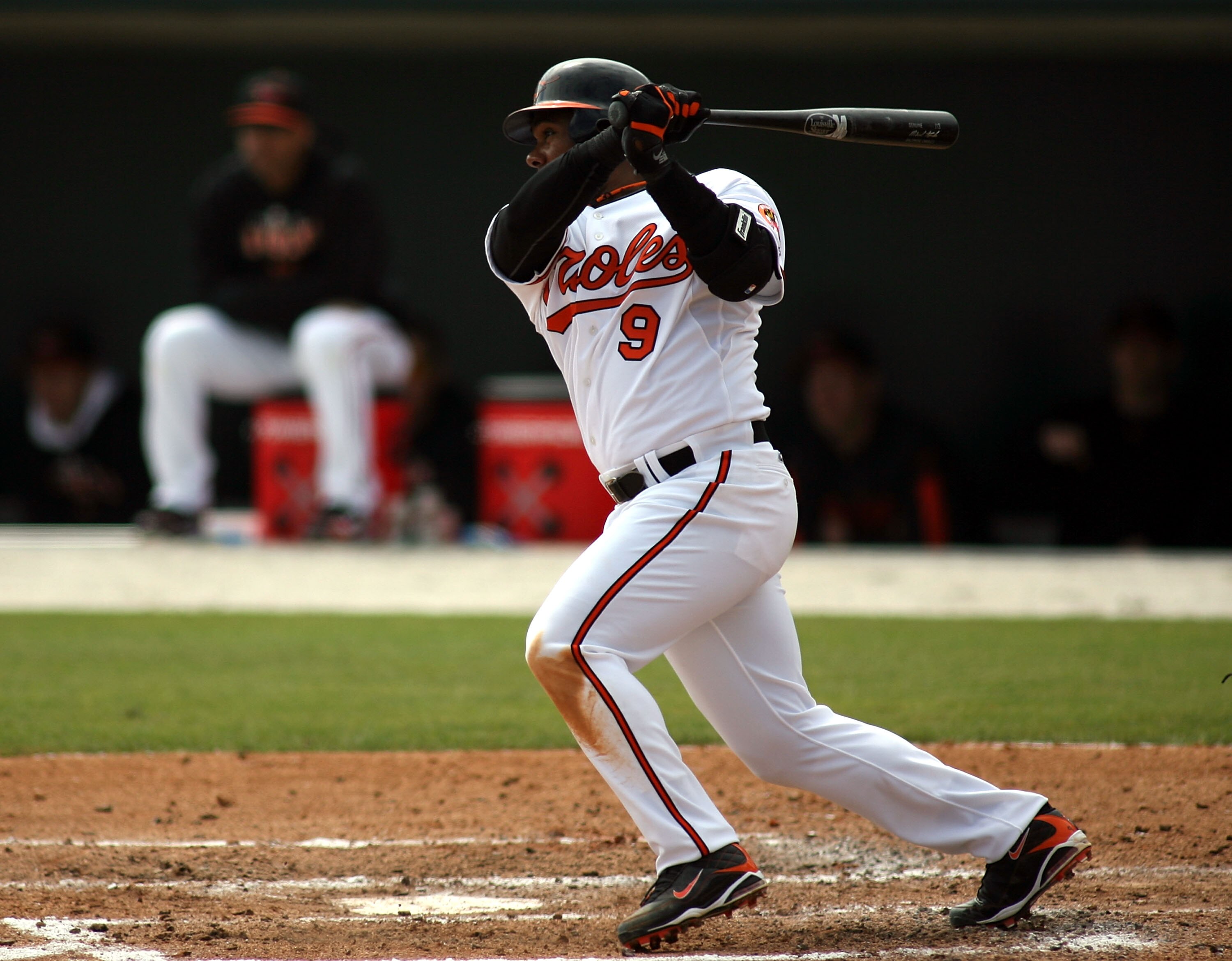 SARASOTA, FL - MARCH 03:  Third baseman Miguel Tejada #9 of the Baltimore Orioles plays against the Tampa Bay Rays at Ed Smith Stadium on March 3, 2010 in Sarasota, Florida.  (Photo by Marc Serota/Getty Images)
