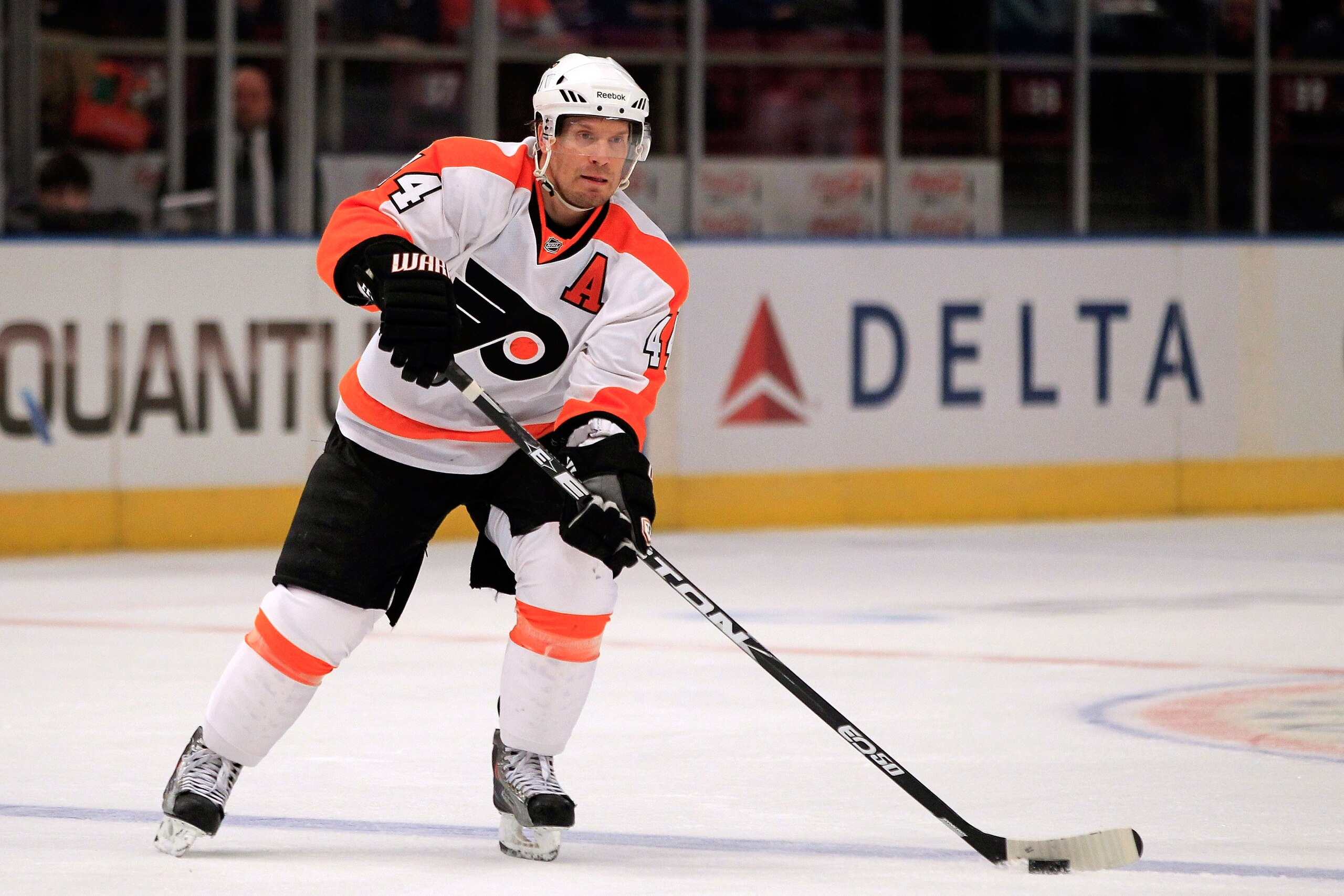 NEW YORK, NY - FEBRUARY 20:  Kimmo Timonen #44 of the Philadelphia Flyers skates against the New York Rangers at Madison Square Garden on February 20, 2011 in New York City. The Flyers defeated the Flyers 4-2.  (Photo by Chris Trotman/Getty Images)