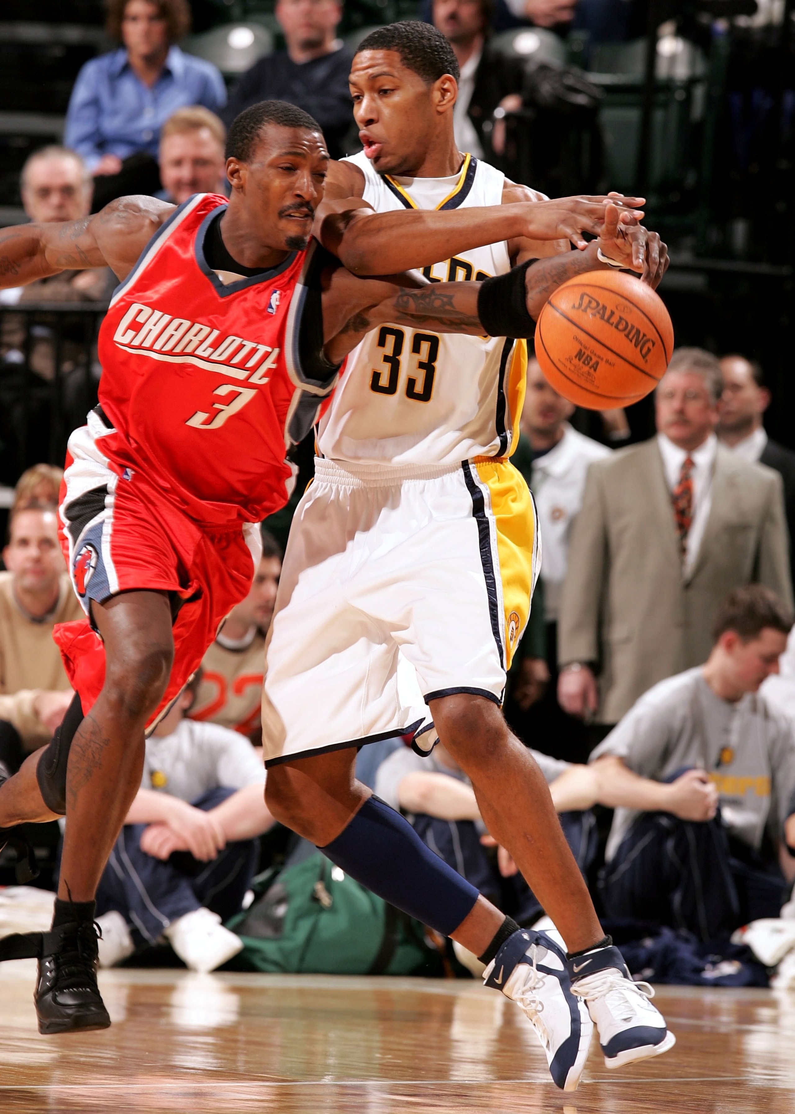 INDIANAPOLIS - JANUARY 18:  Gerald Wallace #3 of the Charlotte Bobcats steals the ball away from Danny Granger #33 of the Indiana Pacers on January 18, 2006 at Conseco Fieldhouse in Indianapolis, Indiana. The Pacers defeated the Bobcats 98-92.  NOTE TO US