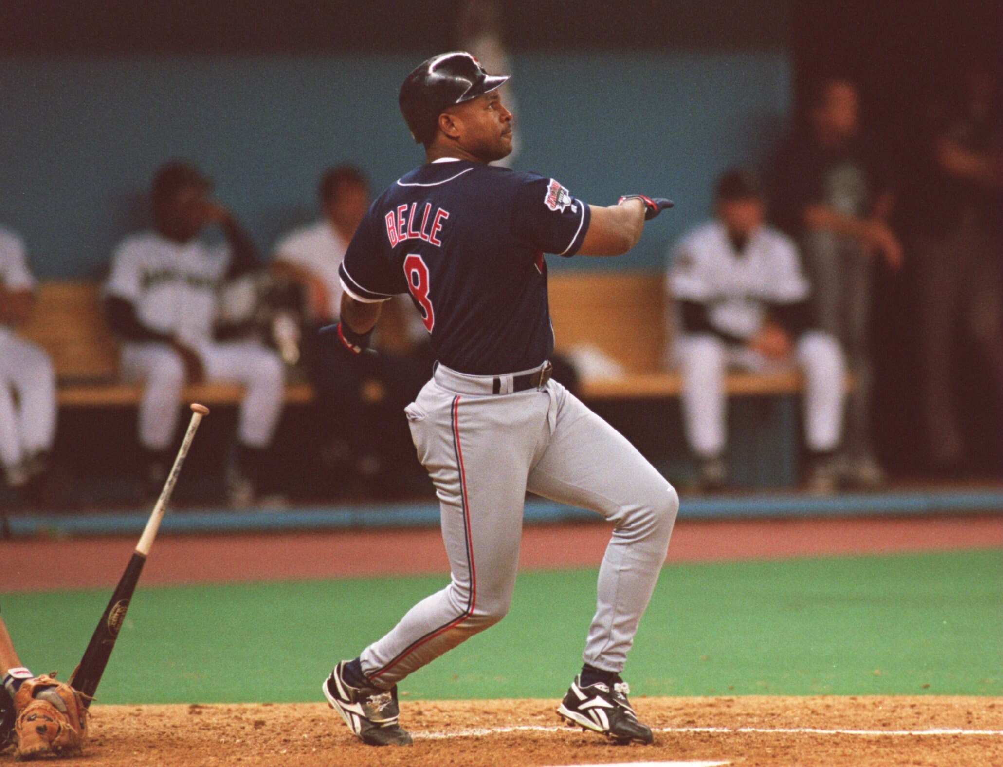 10 Oct 1995:  Right fielder Albert Belle of the Cleveland Indians stares into the outfield as he watches the flight of his home run hit in the seventh inning of the American League Championship Series against the Seattle Mariners at the Kingdome in Seattl