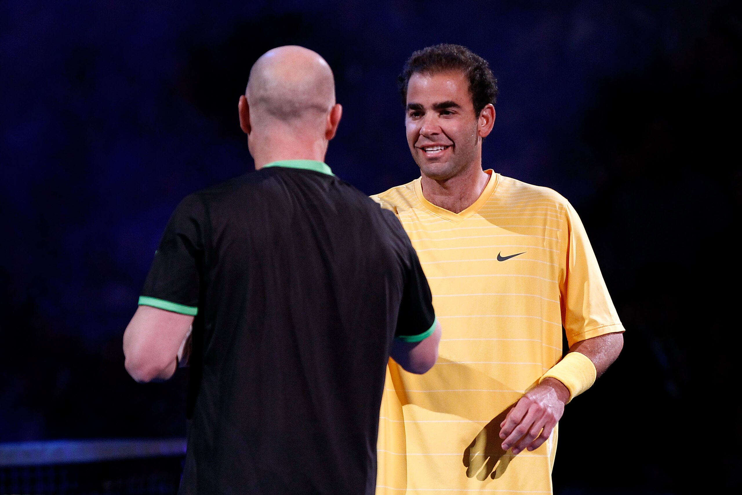 NEW YORK, NY - FEBRUARY 28:  Pete Sampras greets Andre Agassi prior to their match during the BNP Paribas Showdown at Madison Square Garden on February 28, 2011 in New York City.  (Photo by Mike Stobe/Getty Images for StarGames)