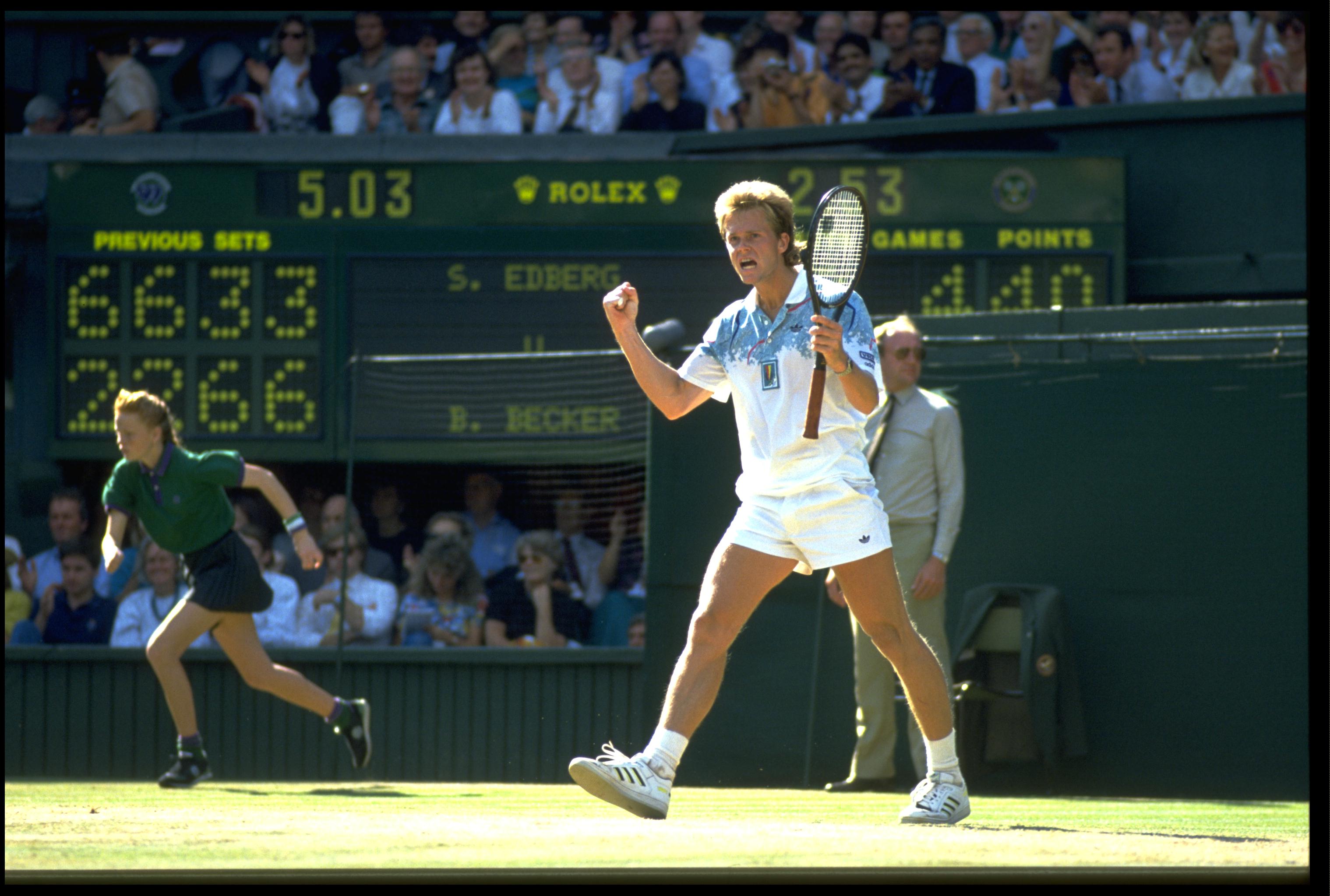 8 JUL 1990:  STEFAN EDBERG OF SWEDEN CELEBRATES AFTER WINNING A POINT AGAINST BORIS BECKER OF GERMANY IN THE FINAL AT THE 1990 WIMBLEDON TENNIS CHAMPIONSHIPS. EDBERG EVENTUALLY WON THE MATCH 6-2, 6-2, 3-6, 3-6 AND 6-4.
