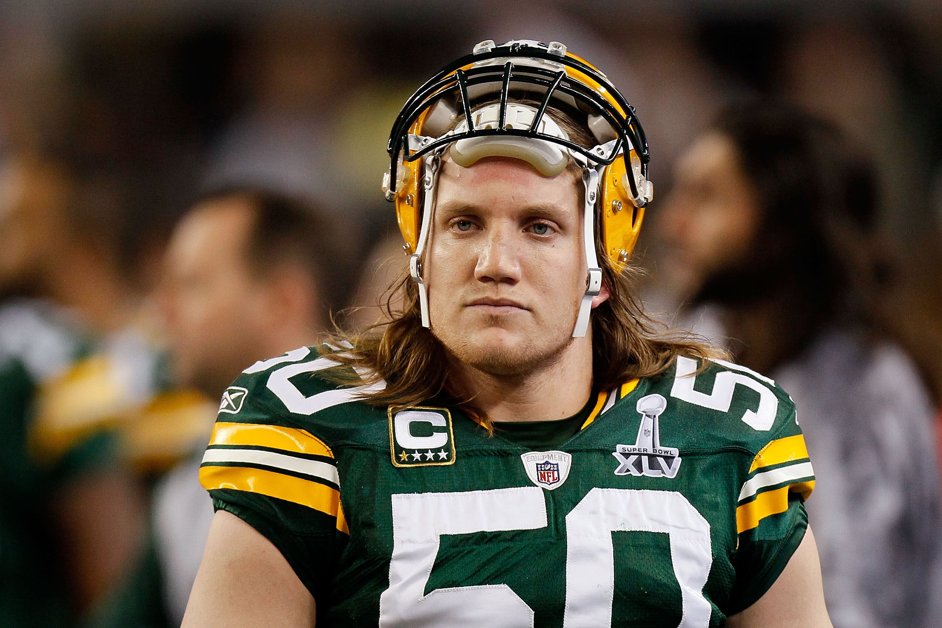 ARLINGTON, TX - FEBRUARY 06:  A.J. Hawk #50 of the Green Bay Packers looks on from the sideline against the Pittsburgh Steelers during Super Bowl XLV at Cowboys Stadium on February 6, 2011 in Arlington, Texas. The Packers won 31-25.  (Photo by Kevin C. Co