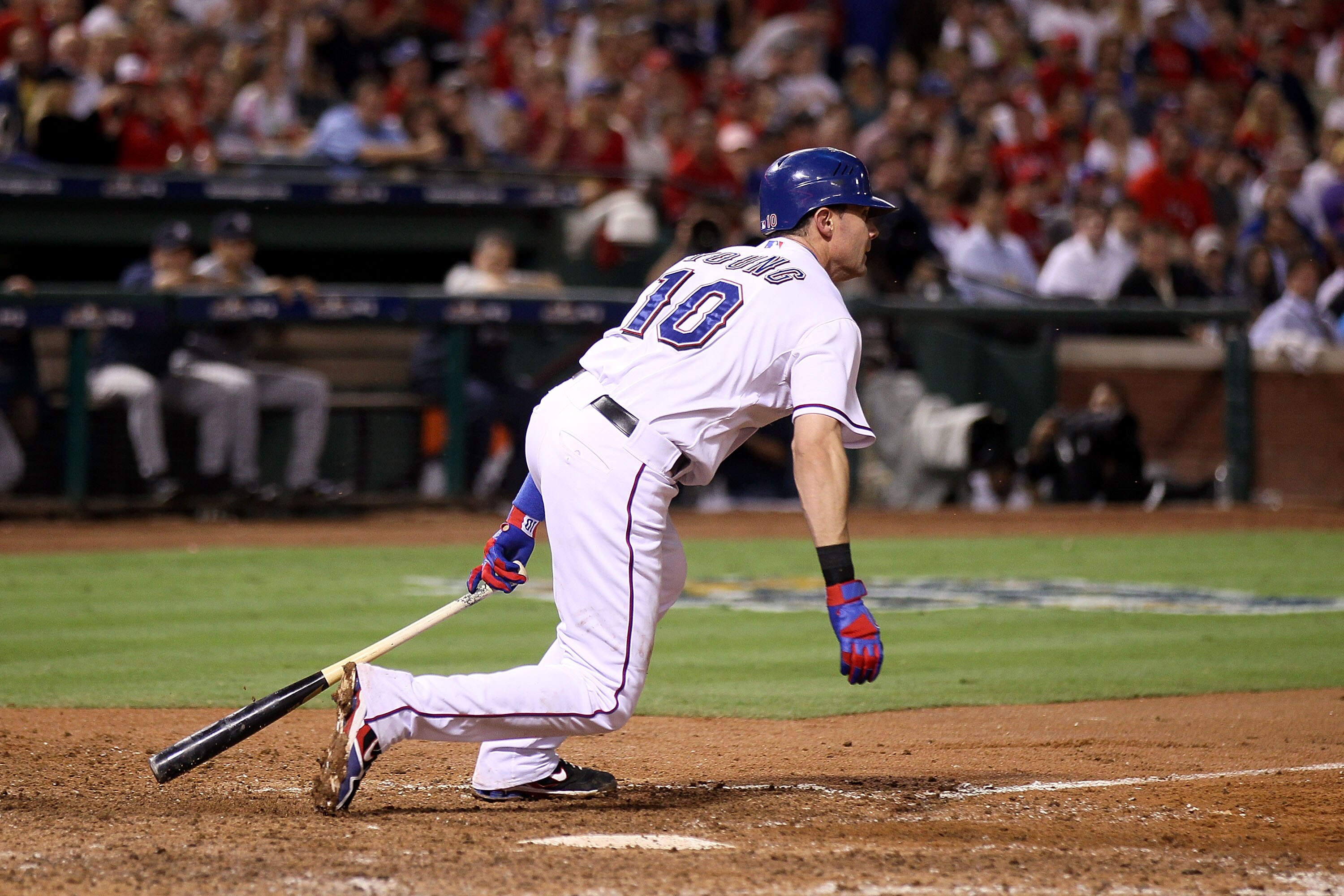 ARLINGTON, TX - OCTOBER 22:  Michael Young #10 of the Texas Rangers bats against the New York Yankees in Game Six of the ALCS during the 2010 MLB Playoffs at Rangers Ballpark in Arlington on October 22, 2010 in Arlington, Texas. The Rangers won 6-1.  (Pho