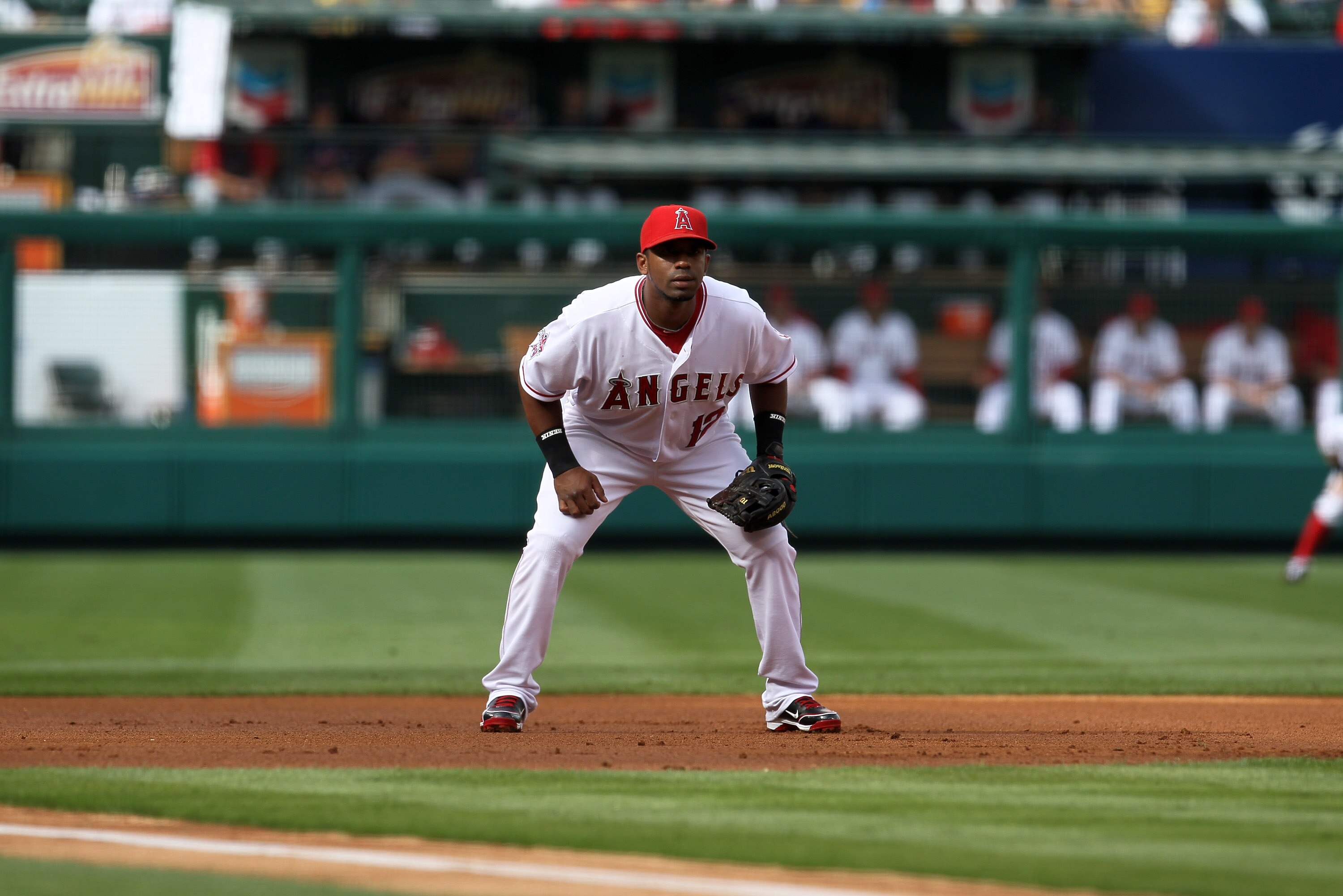 ANAHEIM, CA - SEPTEMBER 08:  Third baseman Alberto Callaspo #12 of the Los Angeles Angels of Anaheim in the field against the Cleveland Indians on September 8, 2010 at Angel Stadium in Anaheim, California.   The Angels won 4-3 in 16 innings.  (Photo by St