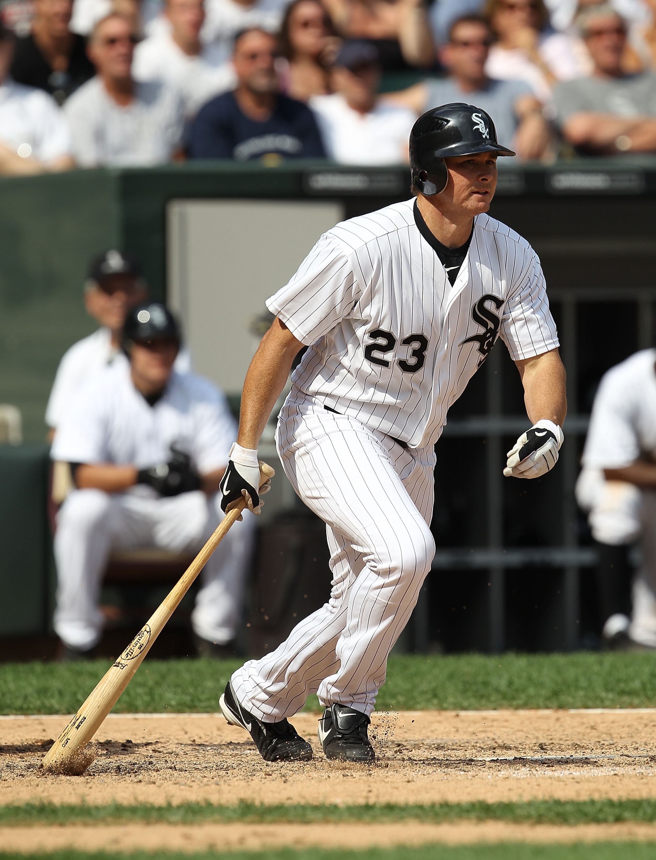 CHICAGO - AUGUST 29: Mark Teahen #23 of the Chicago White Sox grounds out with the bases loaded to end a White Sox scoring threat against the New York Yankees at U.S. Cellular Field on August 29, 2010 in Chicago, Illinois. The Yankees defeated the White S