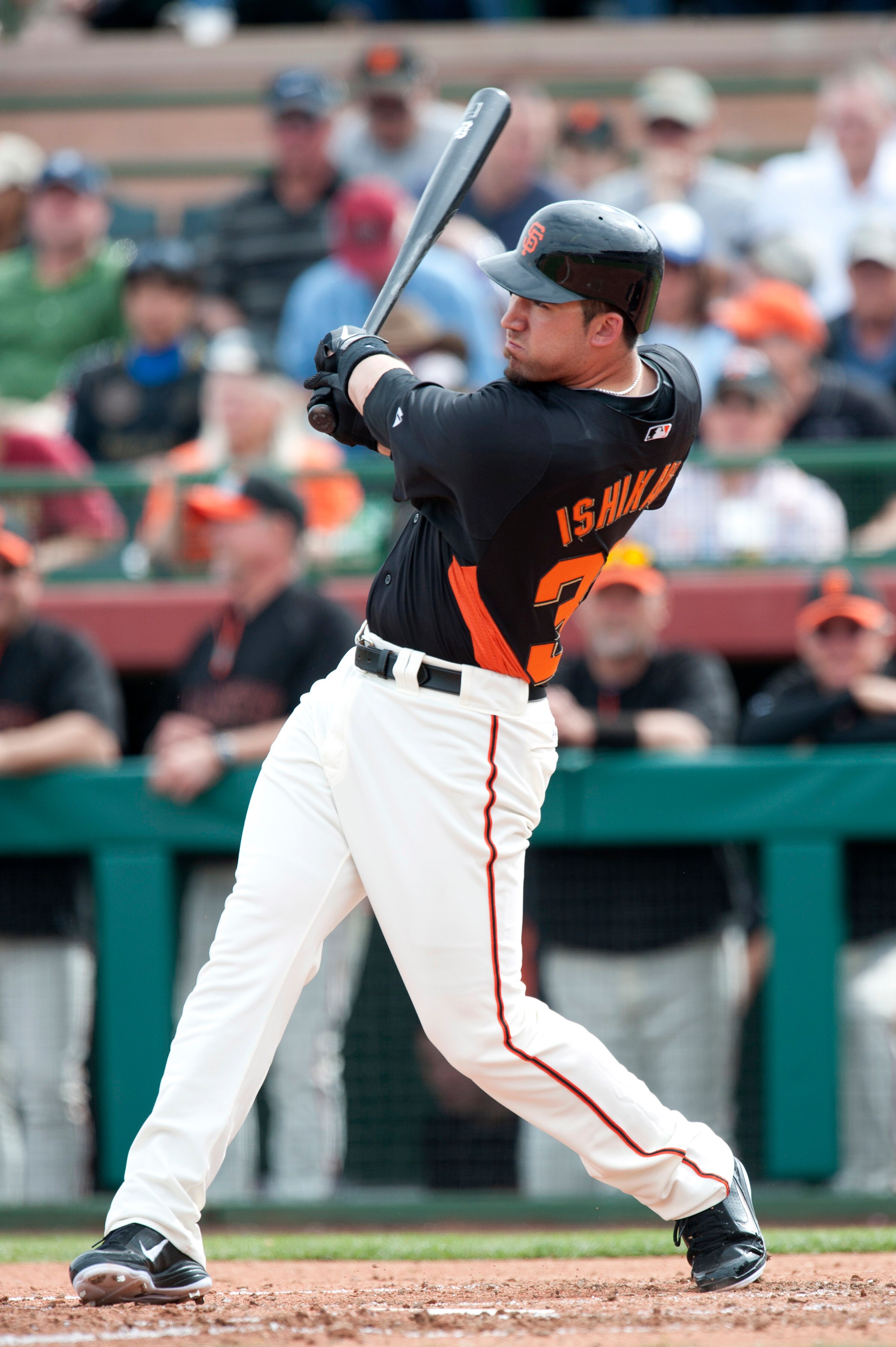 SCOTTSDALE, AZ - FEBRUARY 25: Travis Ishikawa #35 of the San Francisco Giants bats during a spring training game against the Arizona Diamondbacks at Scottsdale Stadium on February 25, 2011 in Scottsdale, Arizona. (Photo by Rob Tringali/Getty Images)