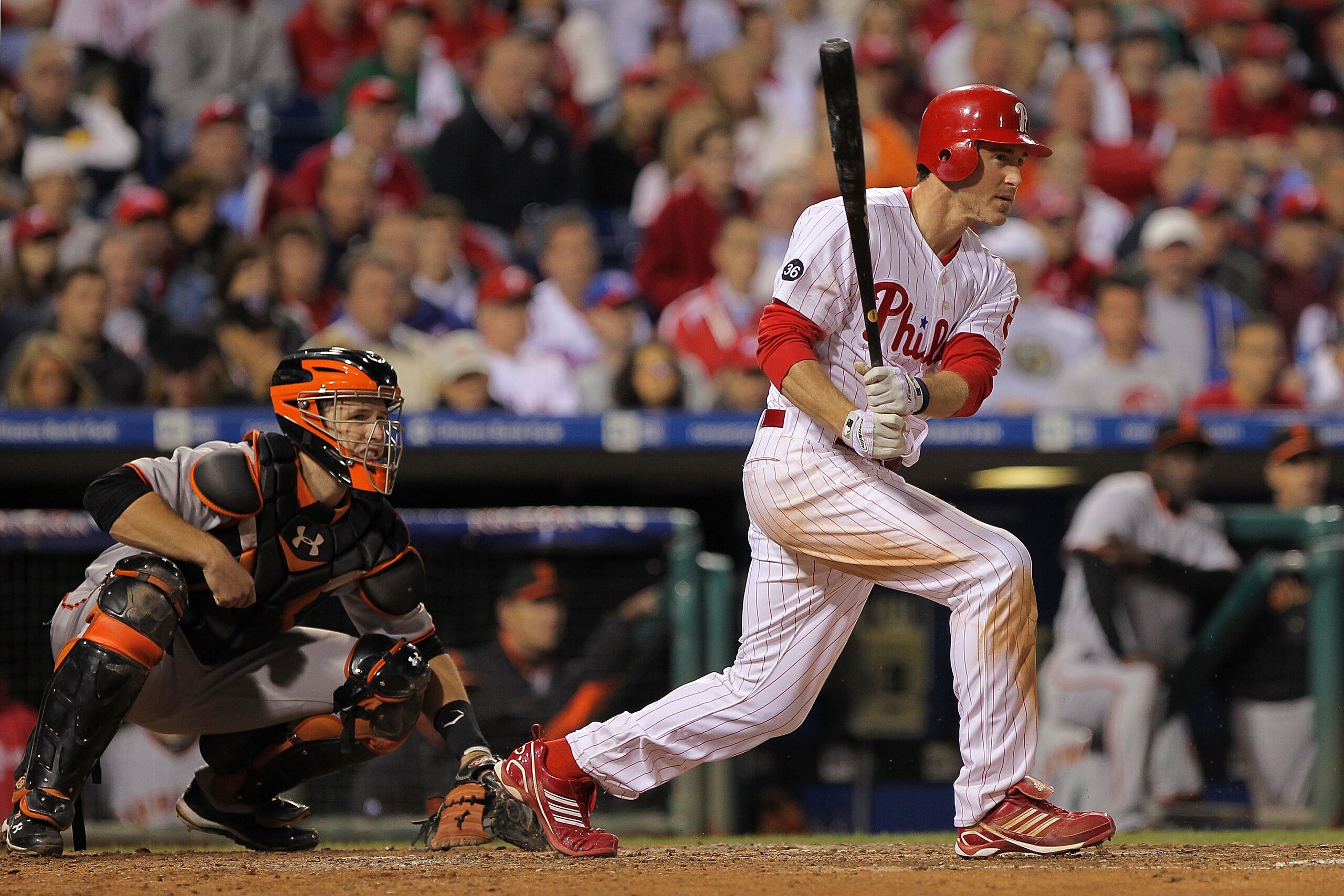 PHILADELPHIA - OCTOBER 17:  Chase Utley #26 of the Philadelphia Phillies at bat against the San Francisco Giants in Game Two of the NLCS during the 2010 MLB Playoffs at Citizens Bank Park on October 17, 2010 in Philadelphia, Pennsylvania.  (Photo by Doug