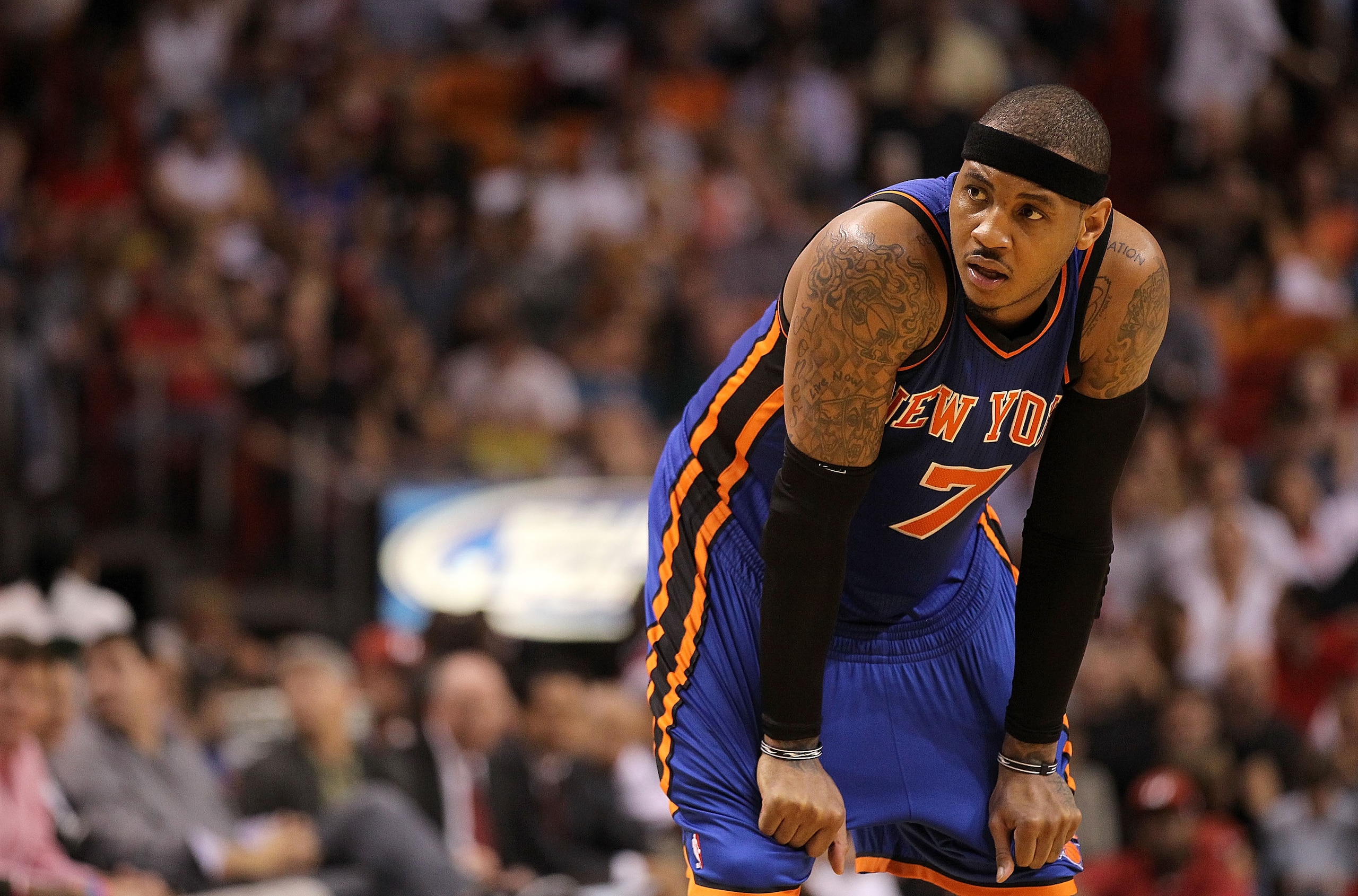 MIAMI, FL - FEBRUARY 27:  Carmelo Anthony #7 of the New York Knicks stands on the court during a game against the Miami Heat at American Airlines Arena on February 27, 2011 in Miami, Florida. NOTE TO USER: User expressly acknowledges and agrees that, by d