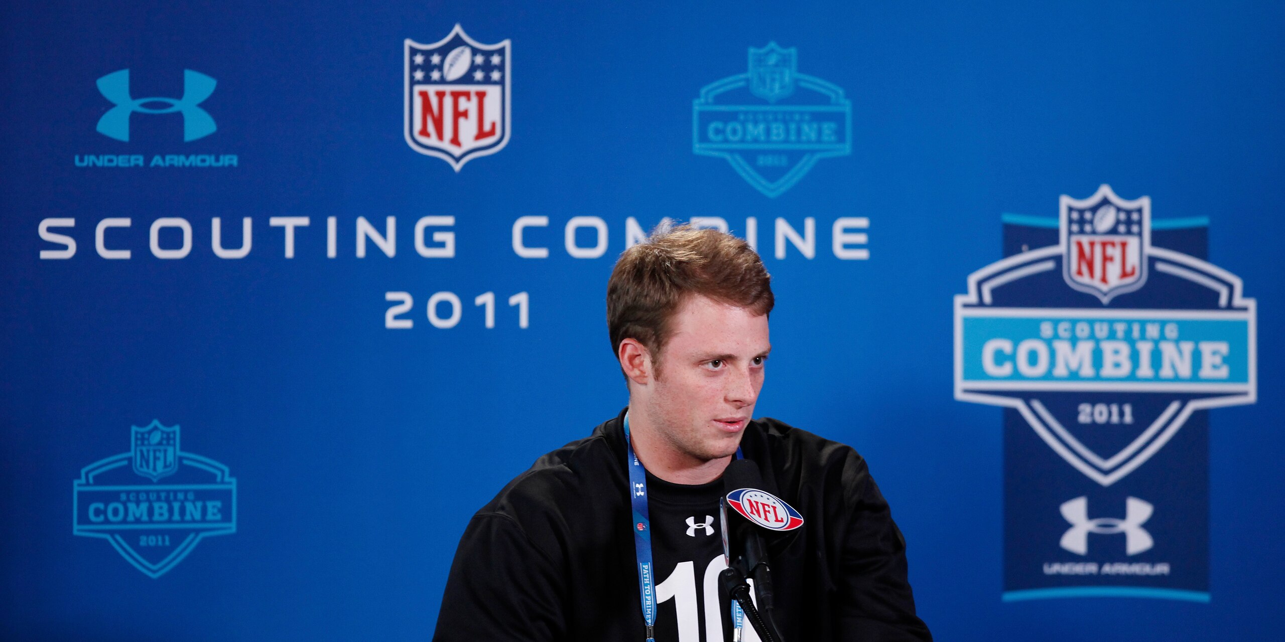 INDIANAPOLIS, IN - FEBRUARY 25: Alabama Crimson Tide quarterback Greg McElroy answers questions during a media session at the 2011 NFL Scouting Combine at Lucas Oil Stadium on February 25, 2011 in Indianapolis, Indiana. (Photo by Joe Robbins/Getty Images)