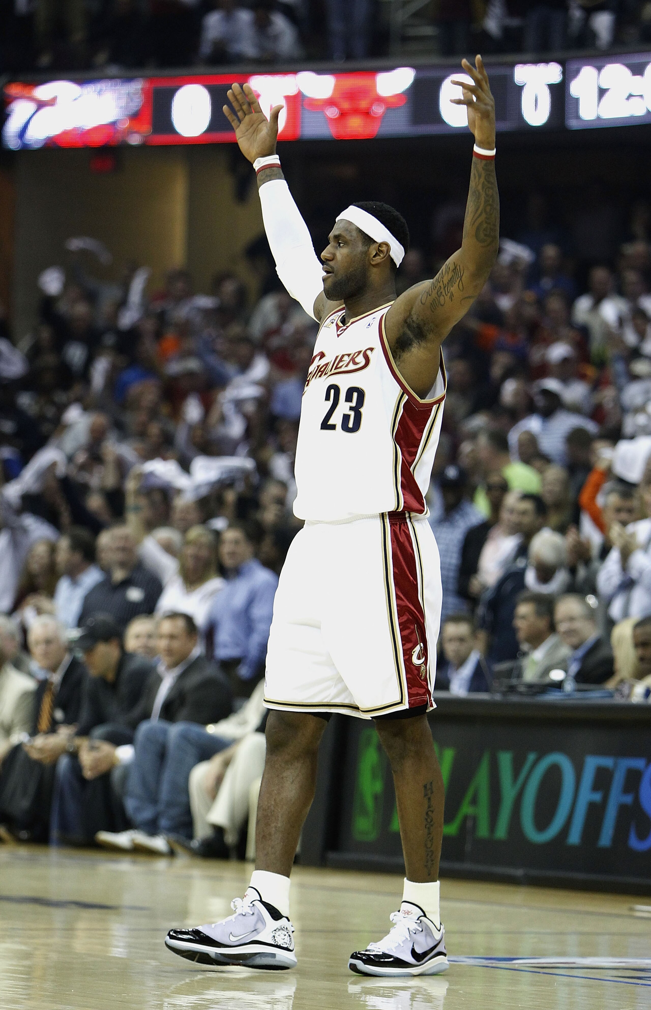 CLEVELAND - APRIL 19:  LeBron James #23 of the Cleveland Cavaliers pumps up the crowd prior to tip off with the Chicago Bulls in Game Two of the Eastern Conference Quarterfinals during the 2010 NBA Playoffs at Quicken Loans Arena on April 19, 2010 in Clev