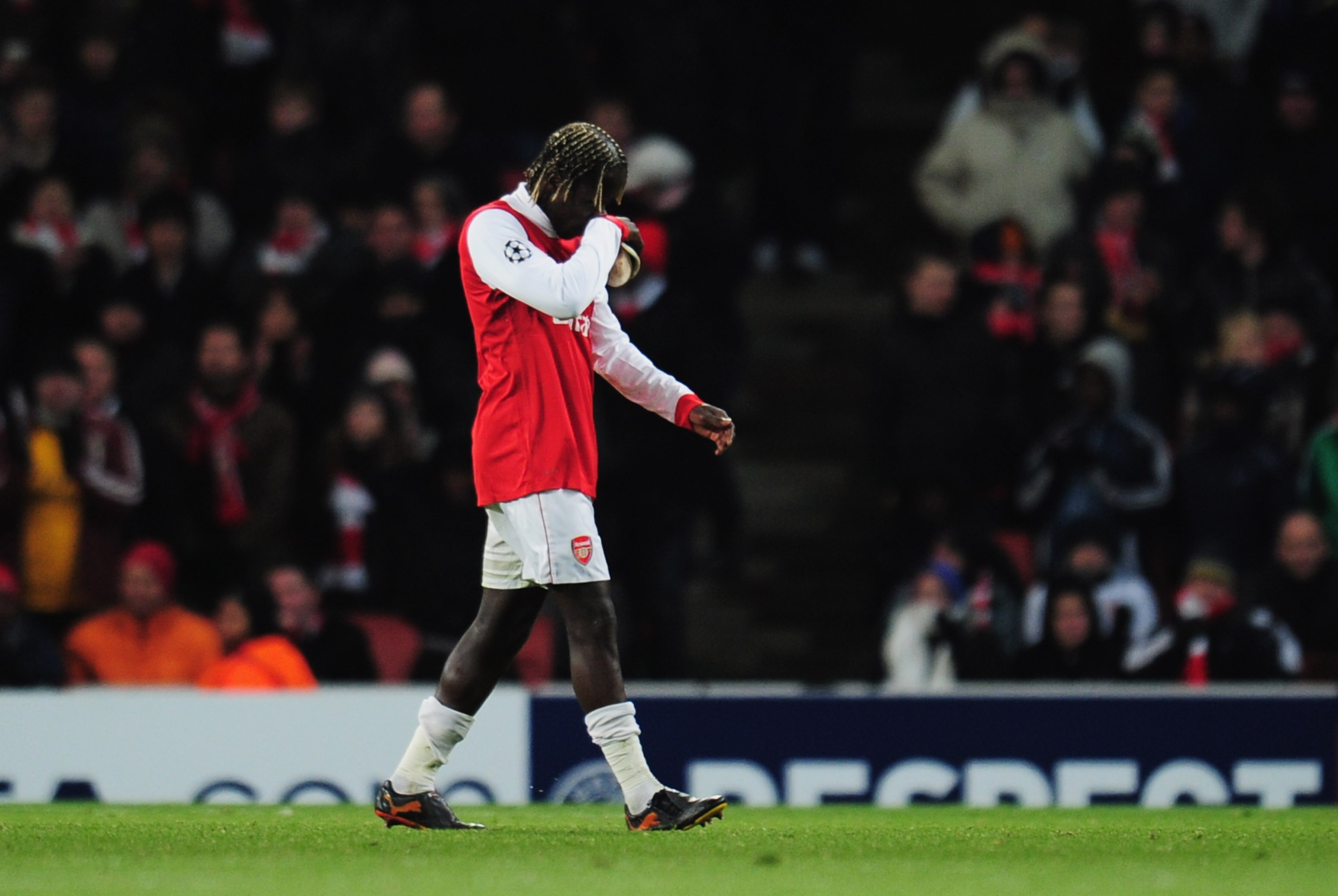 LONDON, ENGLAND - DECEMBER 08:  Despair for Bacary Sagna of Arsenal as he is sent off during UEFA Champions League Group H match between Arsenal and FK Partizan Belgrade at the Emirates Stadium on December 8, 2010 in London, England.  (Photo by Shaun Bott