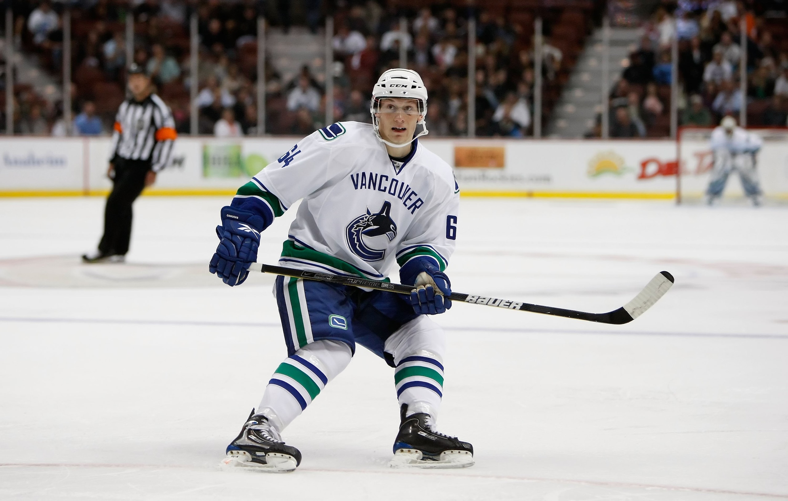 ANAHEIM, CA - SEPTEMBER 17:  Evan Oberg #64 of the Vancouver Canucks skates against the Anaheim Ducks during a preseason game at the Honda Center on September 17, 2009 in Anaheim, California.  (Photo by Jeff Gross/Getty Images)