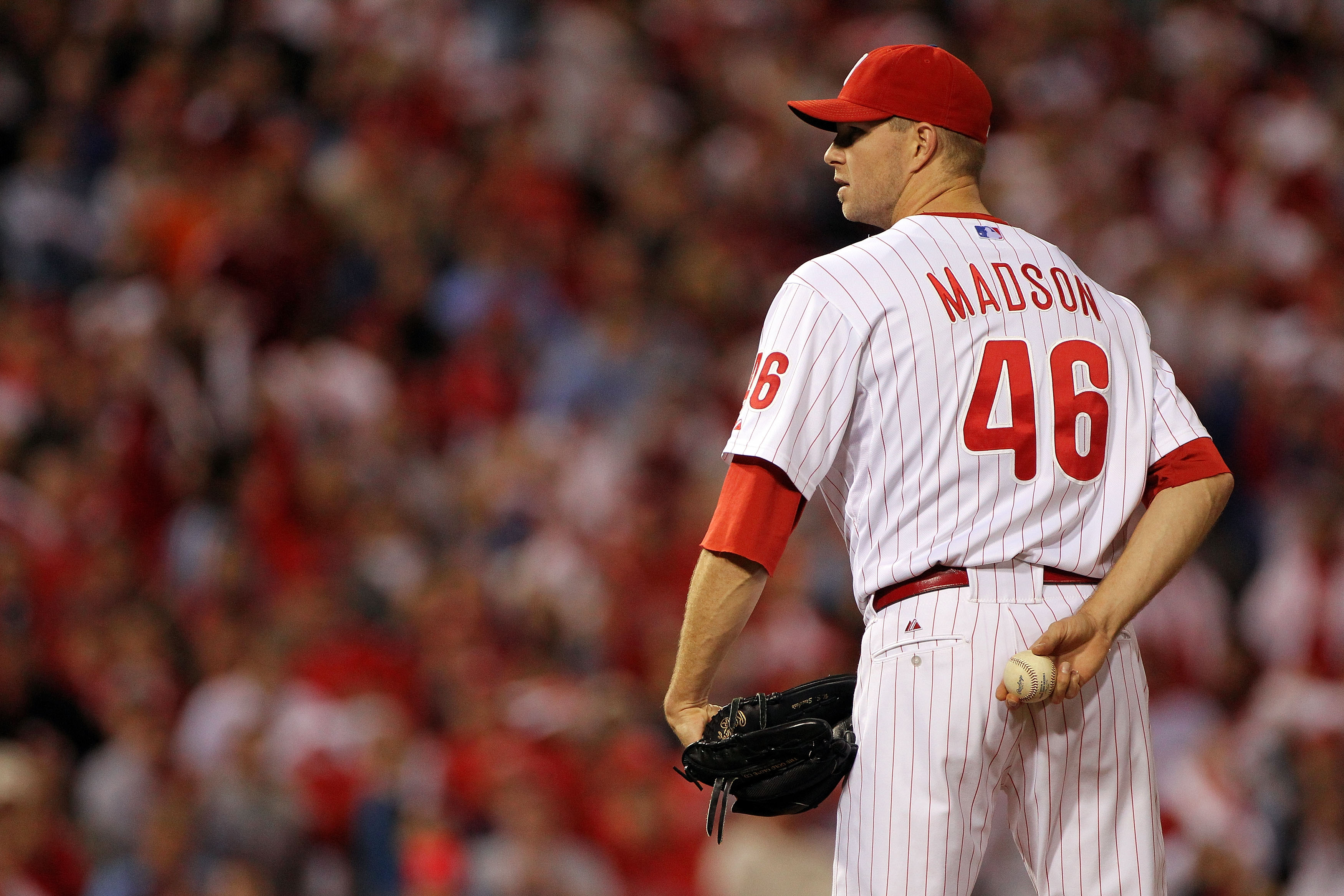 PHILADELPHIA - OCTOBER 23:  Ryan Madson #46 of the Philadelphia Phillies gets set against the San Francisco Giants in Game Six of the NLCS during the 2010 MLB Playoffs at Citizens Bank Park on October 23, 2010 in Philadelphia, Pennsylvania.  (Photo by Dou