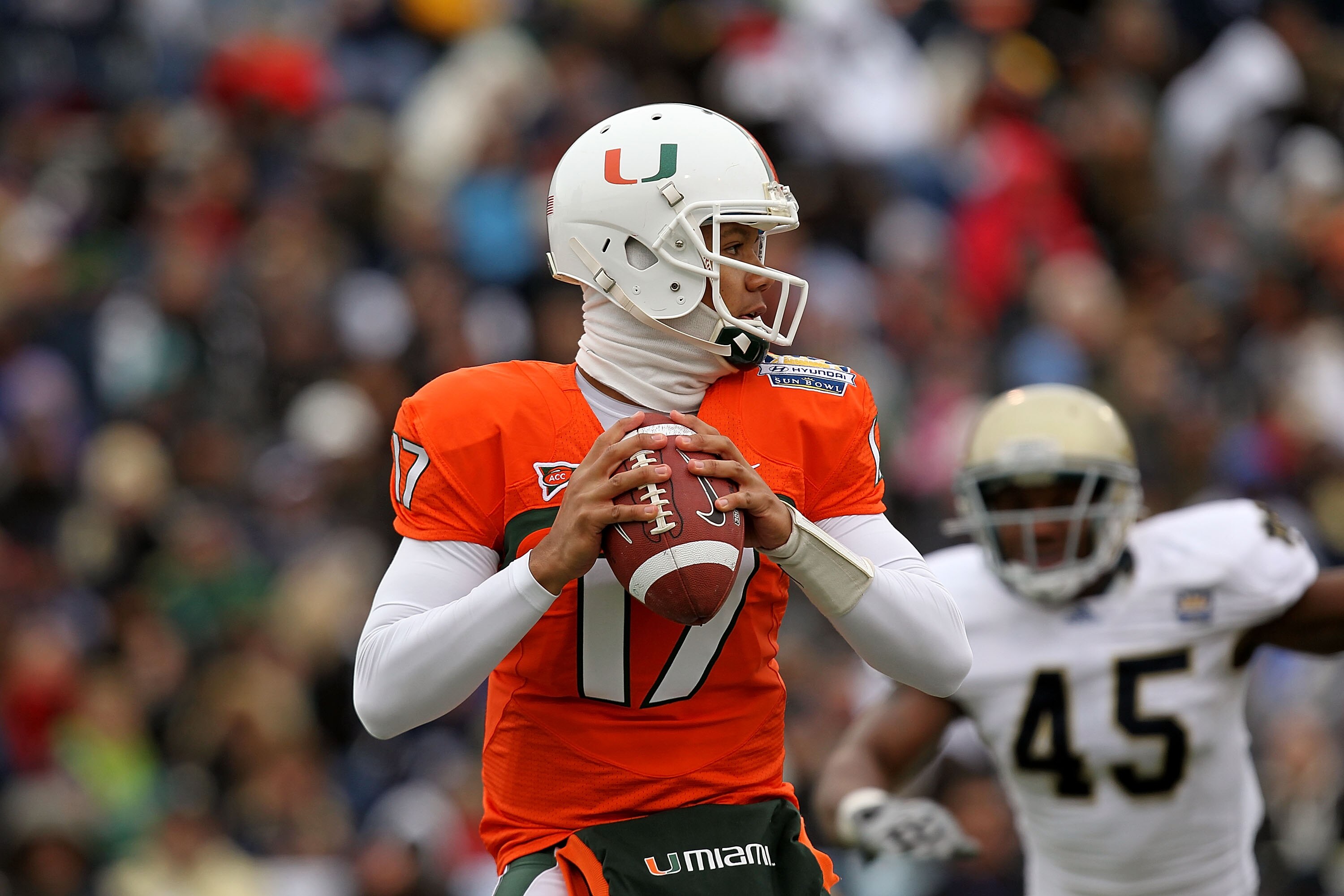EL PASO, TX - DECEMBER 30: Quarterback Stephen Morris #17 of the Miami Hurricanes throws against the Notre Dame Fighting Irish at Sun Bowl on December 30, 2010 in El Paso, Texas. (Photo by Ronald Martinez/Getty Images) EL PASO, TX - DECEMBER 30: Quarterback Stephen Morris #17 of the Miami Hurricanes throws against the Notre Dame Fighting Irish at Sun Bowl on December 30, 2010 in El Paso, Texas. (Photo by Ronald Martinez/Getty Images)