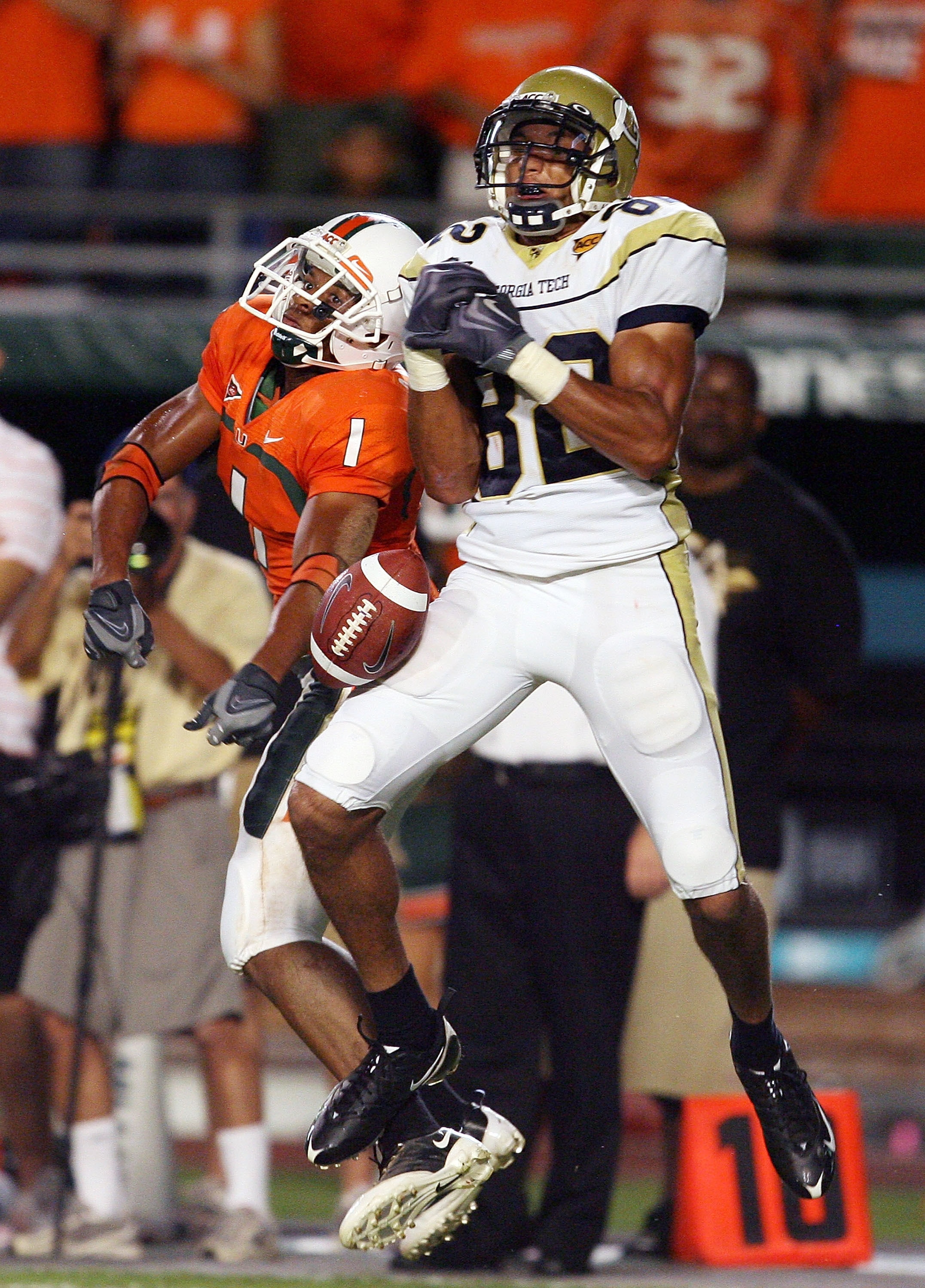 FORT LAUDERDALE, FL - SEPTEMBER 17: Defensive back Brandon Harris #1 of the Miami Hurricanes breaks up a pass intended for wide receiver Kevin Cone #82 of the Georgia Tech Yellow Jackets at Land Shark Stadium on September 17, 2009 in Fort Lauderdale, Flo FORT LAUDERDALE, FL - SEPTEMBER 17: Defensive back Brandon Harris #1 of the Miami Hurricanes breaks up a pass intended for wide receiver Kevin Cone #82 of the Georgia Tech Yellow Jackets at Land Shark Stadium on September 17, 2009 in Fort Lauderdale, Flo