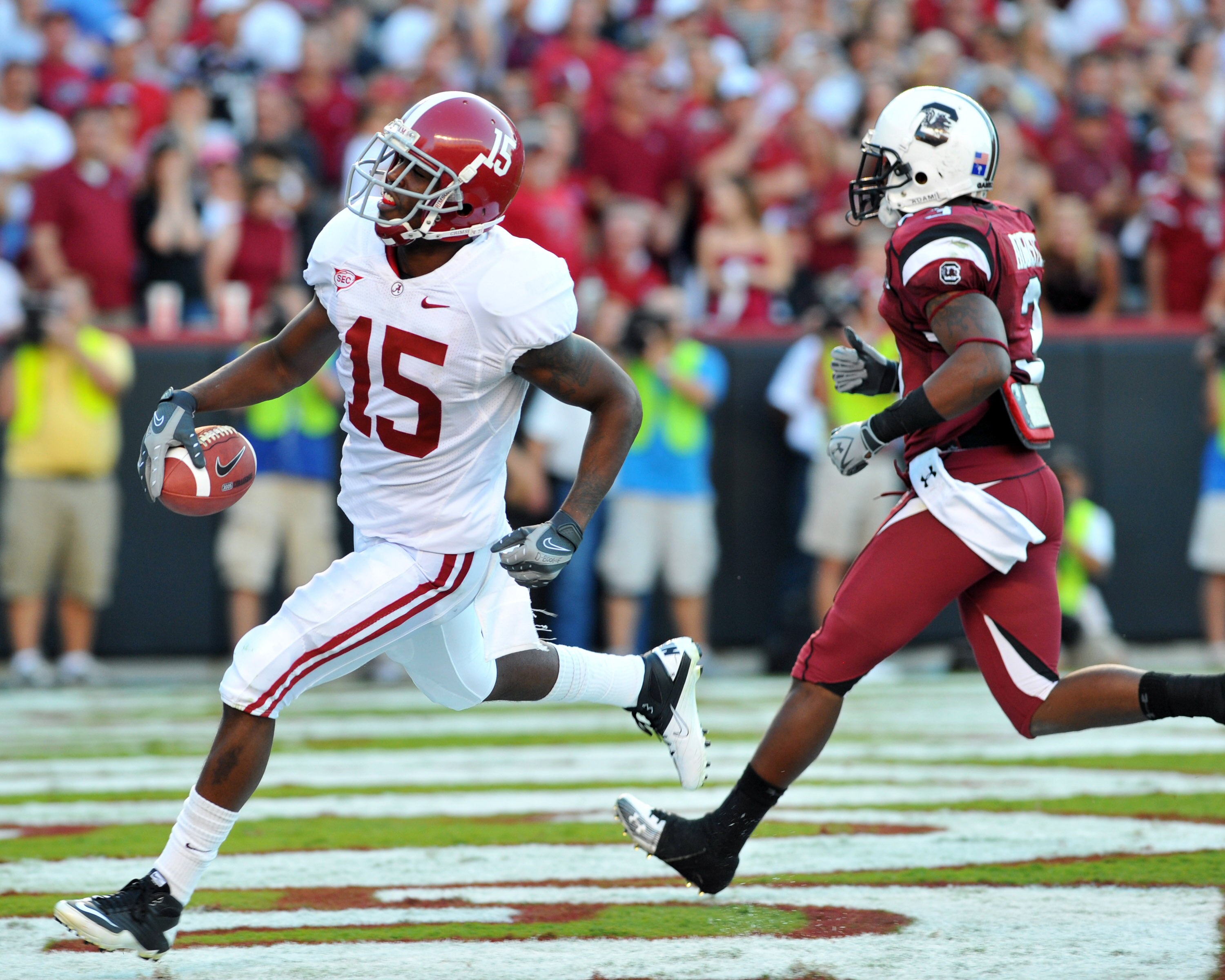 COLUMBIA, SC - OCTOBER 9: Wide receiver Darius Hanks #15 of the Alabama Crimson Tide scores with a 51 yard touchdown pass against the South Carolina Gamecocks October 9, 2010 at Williams-Brice Stadium in Columbia, South Carolina.  (Photo by Al Messerschmi