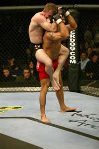Matt Hughes locking in a rear naked choke on Frank Trigg