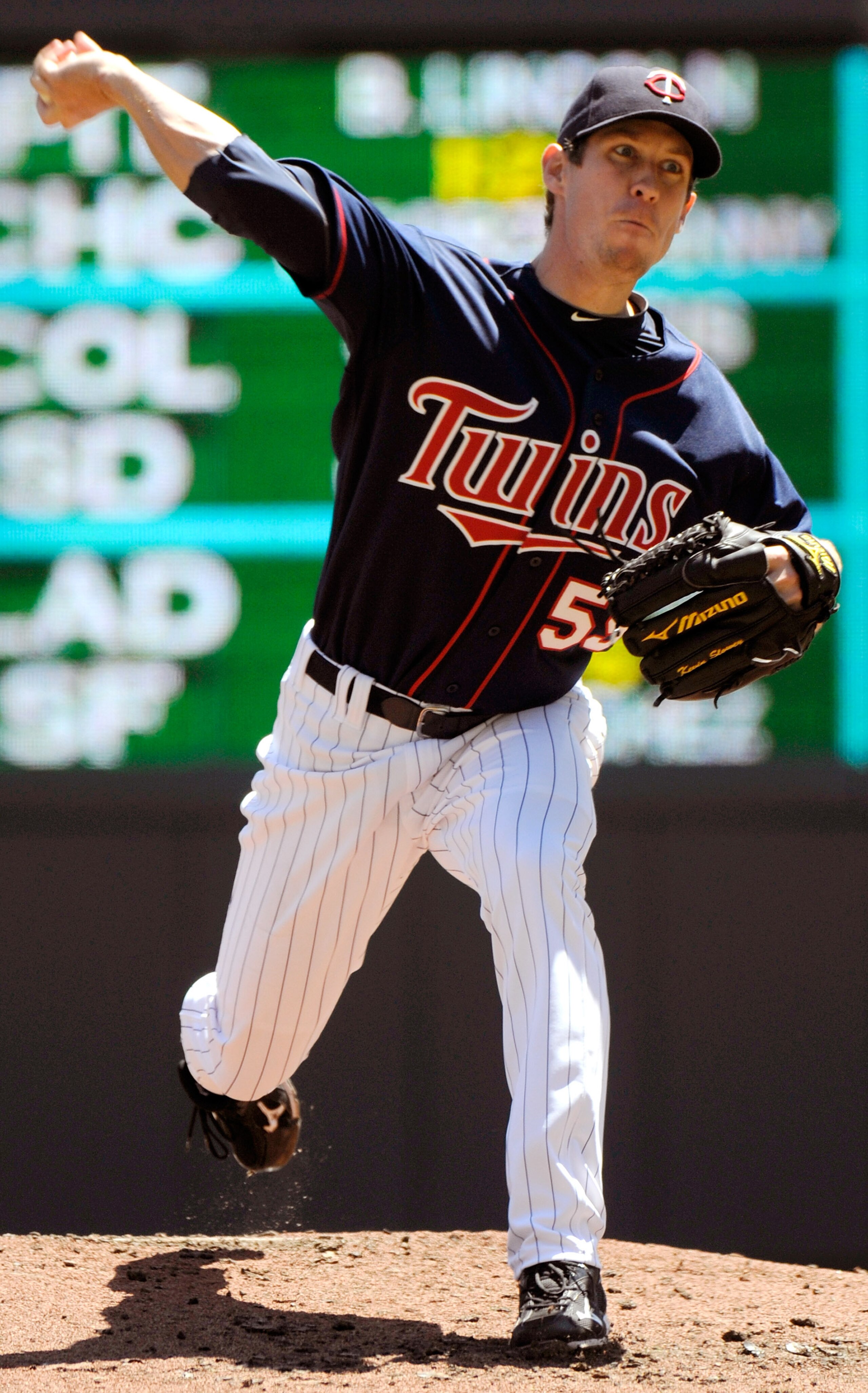 MINNEAPOLIS, MN - JUNE 30:  Kevin Slowey #59 of the Minnesota Twins pitches in the second inning against the Detroit Tigers during their game on June 30, 2010 at Target Field in Minneapolis, Minnesota. (Photo by Hannah Foslien/Getty Images)