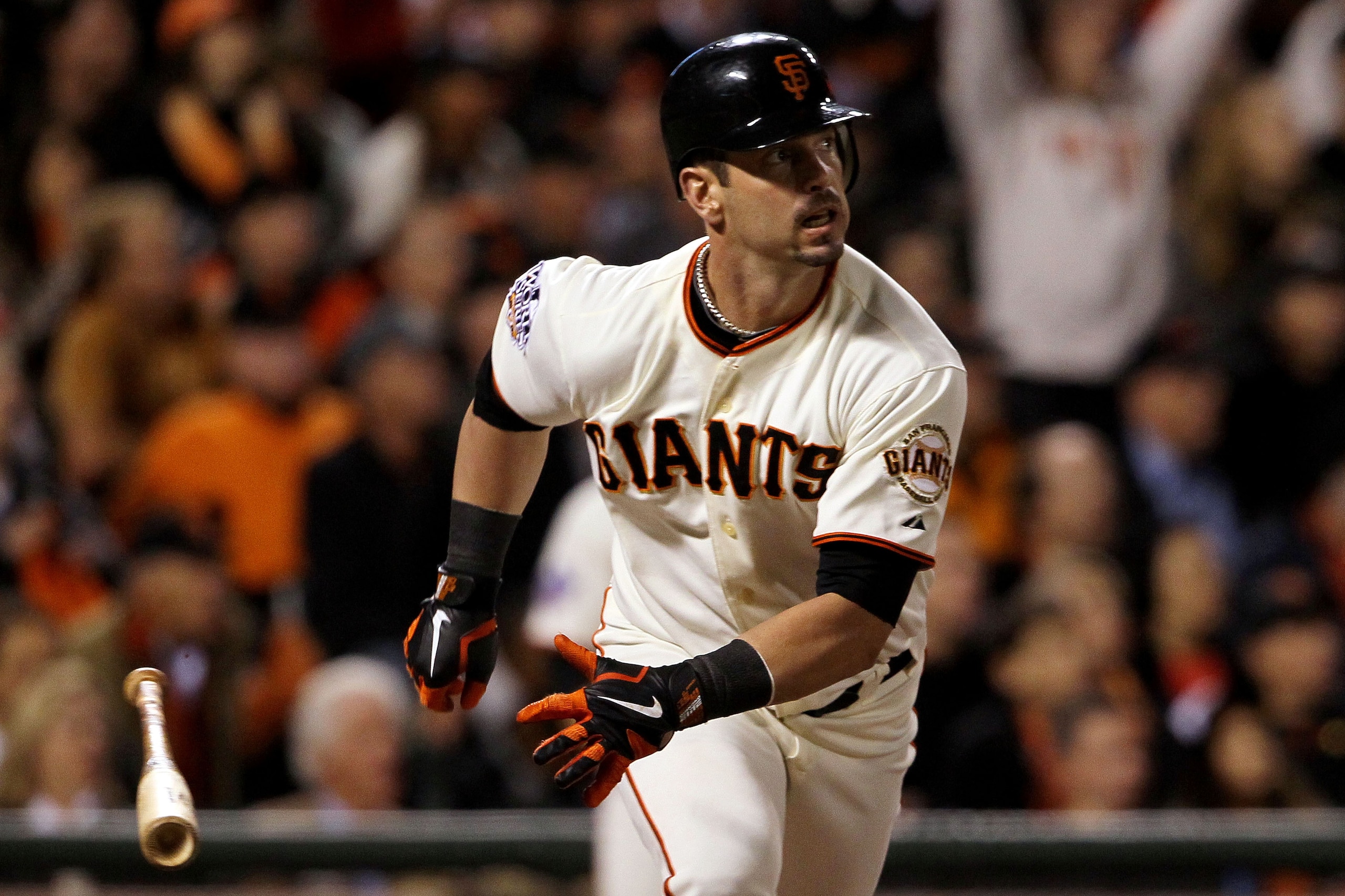 SAN FRANCISCO - OCTOBER 28: Aaron Rowand #33 of the San Francisco Giants hits a two-run triple in the eighth inning while taking on the Texas Rangers in Game Two of the 2010 MLB World Series at AT&T Park on October 28, 2010 in San Francisco, California. SAN FRANCISCO - OCTOBER 28: Aaron Rowand #33 of the San Francisco Giants hits a two-run triple in the eighth inning while taking on the Texas Rangers in Game Two of the 2010 MLB World Series at AT&T Park on October 28, 2010 in San Francisco, California.